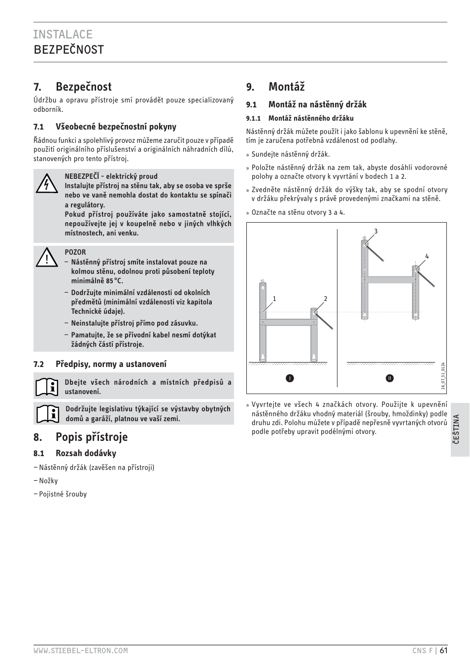 Cz`< xtchz` 7. bezpečnost, Popis přístroje, Montáž | STIEBEL ELTRON CNS F с 01.03.2010 User Manual | Page 61 / 76