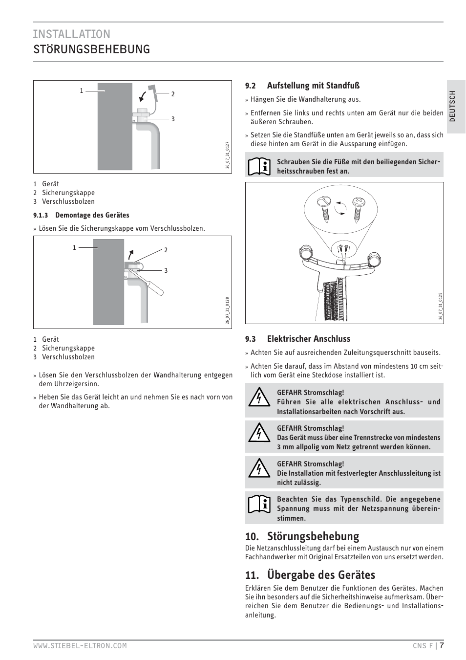 Cz`<<`.hc z`mvec&z + ec, Störungsbehebung, Übergabe des gerätes | 2 aufstellung mit standfuß, 3 elektrischer anschluss | STIEBEL ELTRON CNS F с 01.03.2010 User Manual | Page 7 / 76