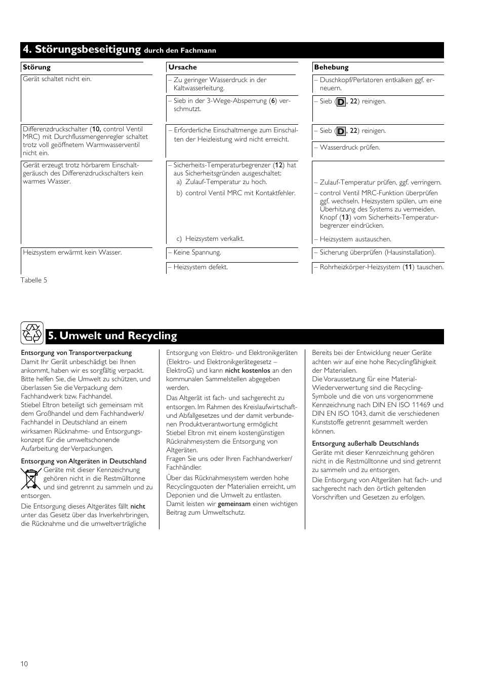 Störungsbeseitigung, Umwelt und recycling | STIEBEL ELTRON DHF 12 - 24 C 01.10.2006 - 31.03.2007 User Manual | Page 10 / 52