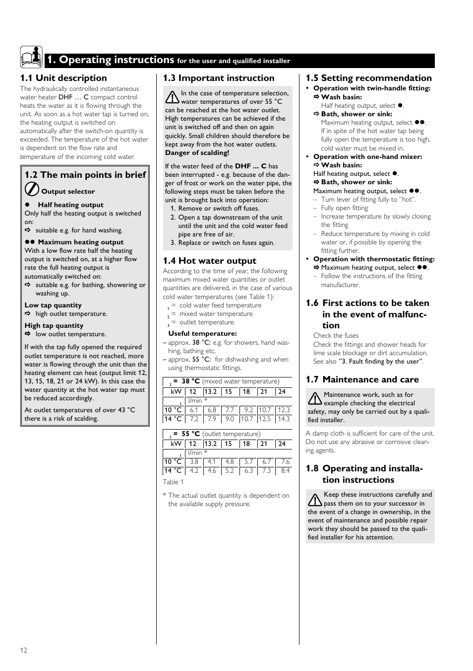 Operating instructions, 5 setting recommendation, 7 maintenance and care | 8 operating and installa- tion instructions, 3 important instruction, 4 hot water output, 1 unit description, 2 the main points in brief | STIEBEL ELTRON DHF 12 - 24 C 01.10.2006 - 31.03.2007 User Manual | Page 12 / 52
