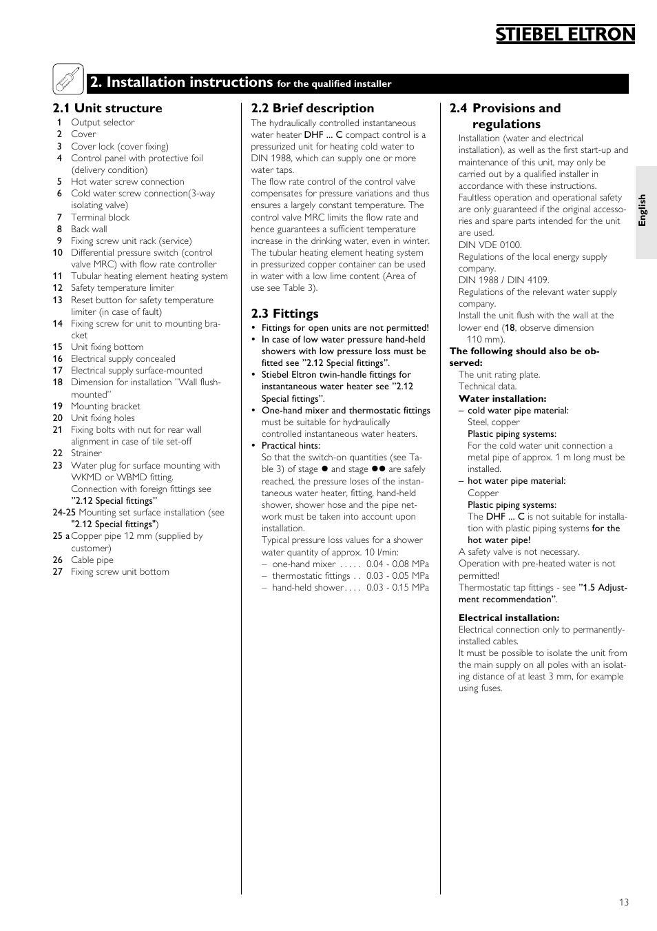 Installation instructions, 4 provisions and regulations, 2 brief description | 3 fittings, 1 unit structure | STIEBEL ELTRON DHF 12 - 24 C 01.10.2006 - 31.03.2007 User Manual | Page 13 / 52
