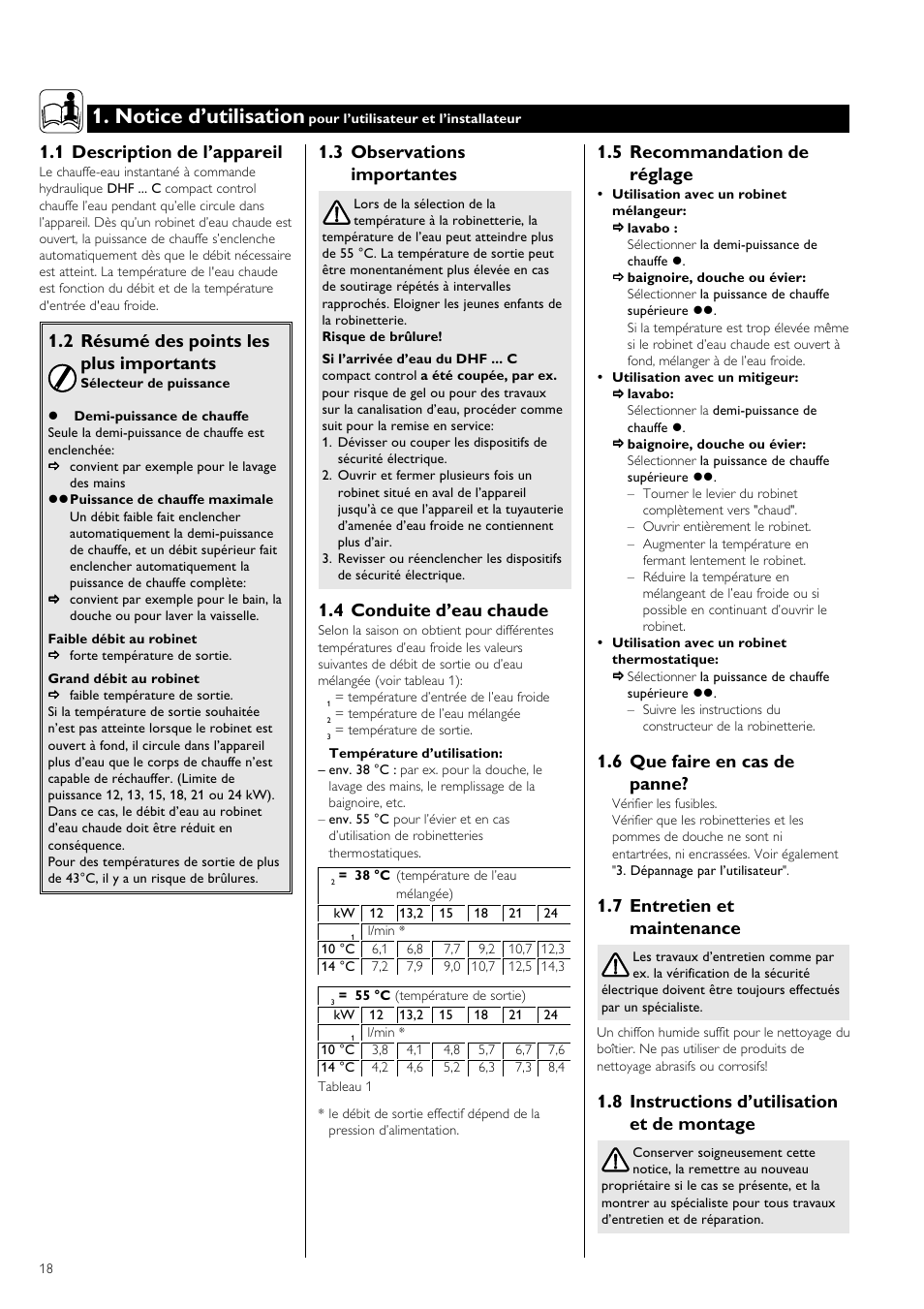Notice d’utilisation, 5 recommandation de réglage, 6 que faire en cas de panne | 7 entretien et maintenance, 8 instructions d’utilisation et de montage, 3 observations importantes, 4 conduite d’eau chaude, 1 description de l’appareil, 2 résumé des points les plus importants | STIEBEL ELTRON DHF 12 - 24 C 01.10.2006 - 31.03.2007 User Manual | Page 18 / 52
