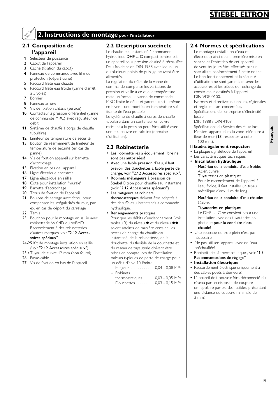 Instructions de montage, 4 normes et spécifications, 2 description succincte | 3 robinetterie, 1 composition de l’appareil | STIEBEL ELTRON DHF 12 - 24 C 01.10.2006 - 31.03.2007 User Manual | Page 19 / 52
