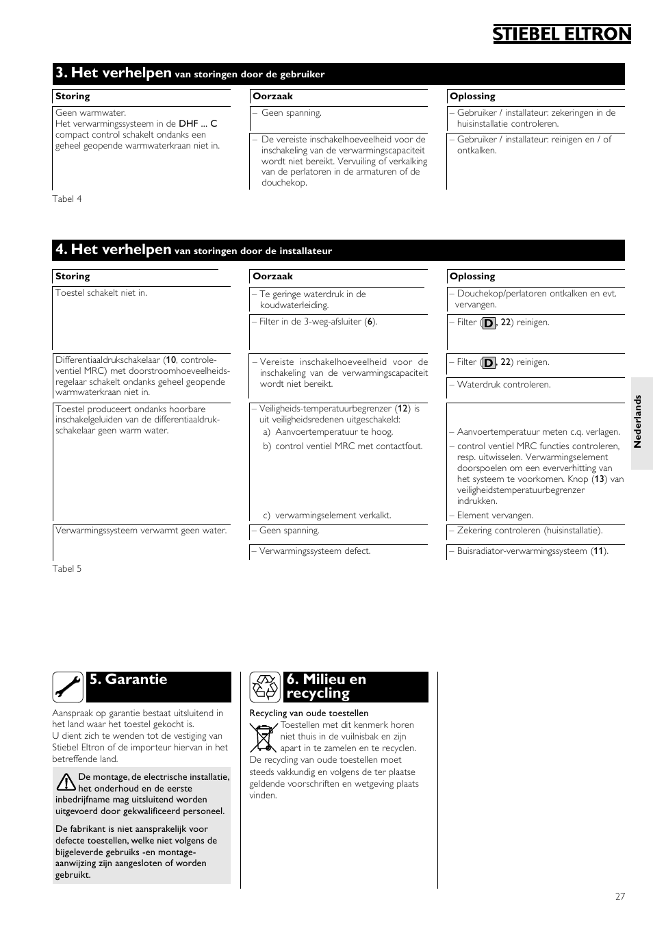 Garantie, Milieu en recycling, Het verhelpen | STIEBEL ELTRON DHF 12 - 24 C 01.10.2006 - 31.03.2007 User Manual | Page 27 / 52