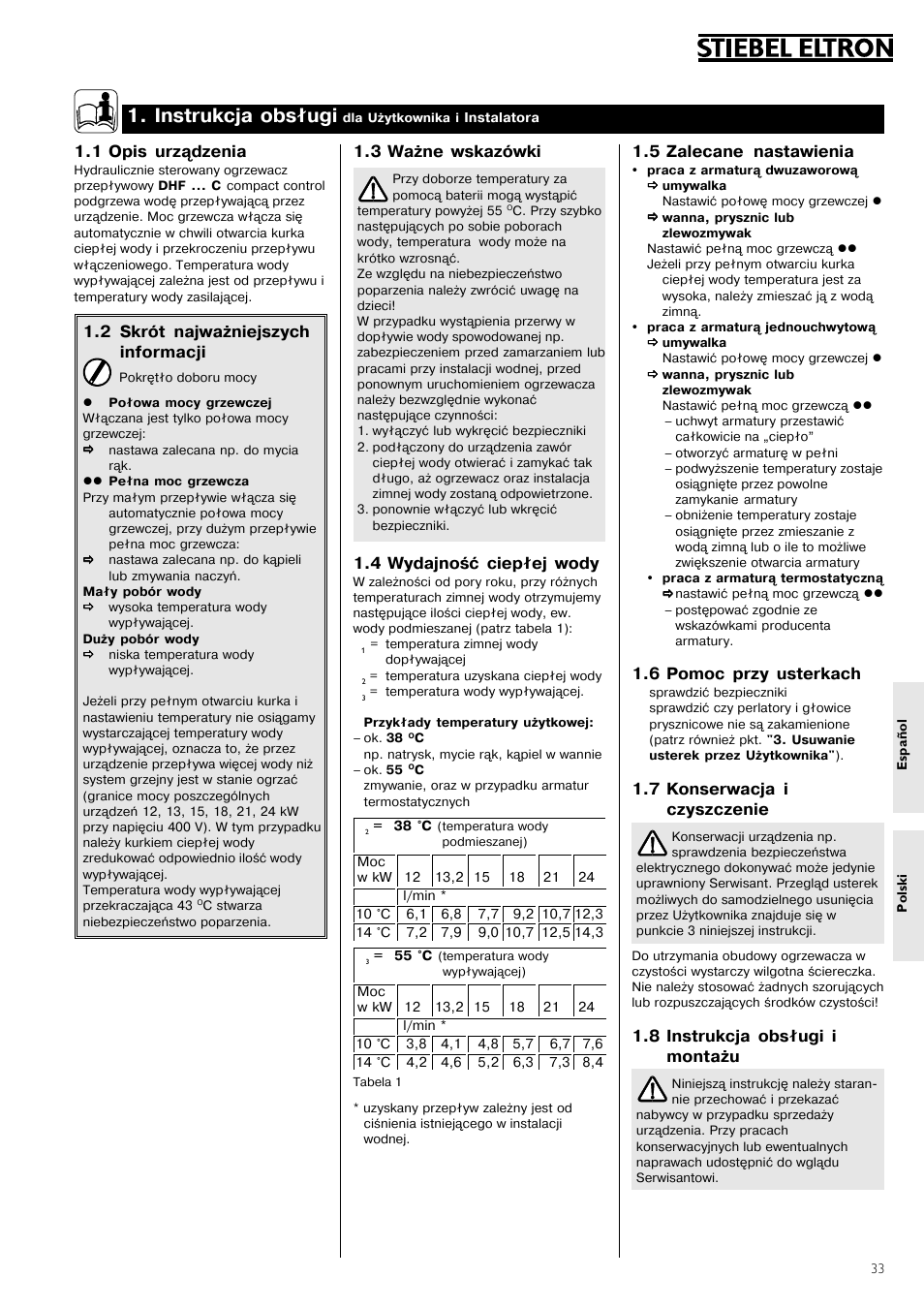 Instrukcja obsługi, 5 zalecane nastawienia, 6 pomoc przy usterkach | 7 konserwacja i czyszczenie, 8 instrukcja obsługi i montażu, 3 ważne wskazówki, 4 wydajność ciepłej wody, 1 opis urządzenia, 2 skrót najważniejszych informacji | STIEBEL ELTRON DHF 12 - 24 C 01.10.2006 - 31.03.2007 User Manual | Page 33 / 52