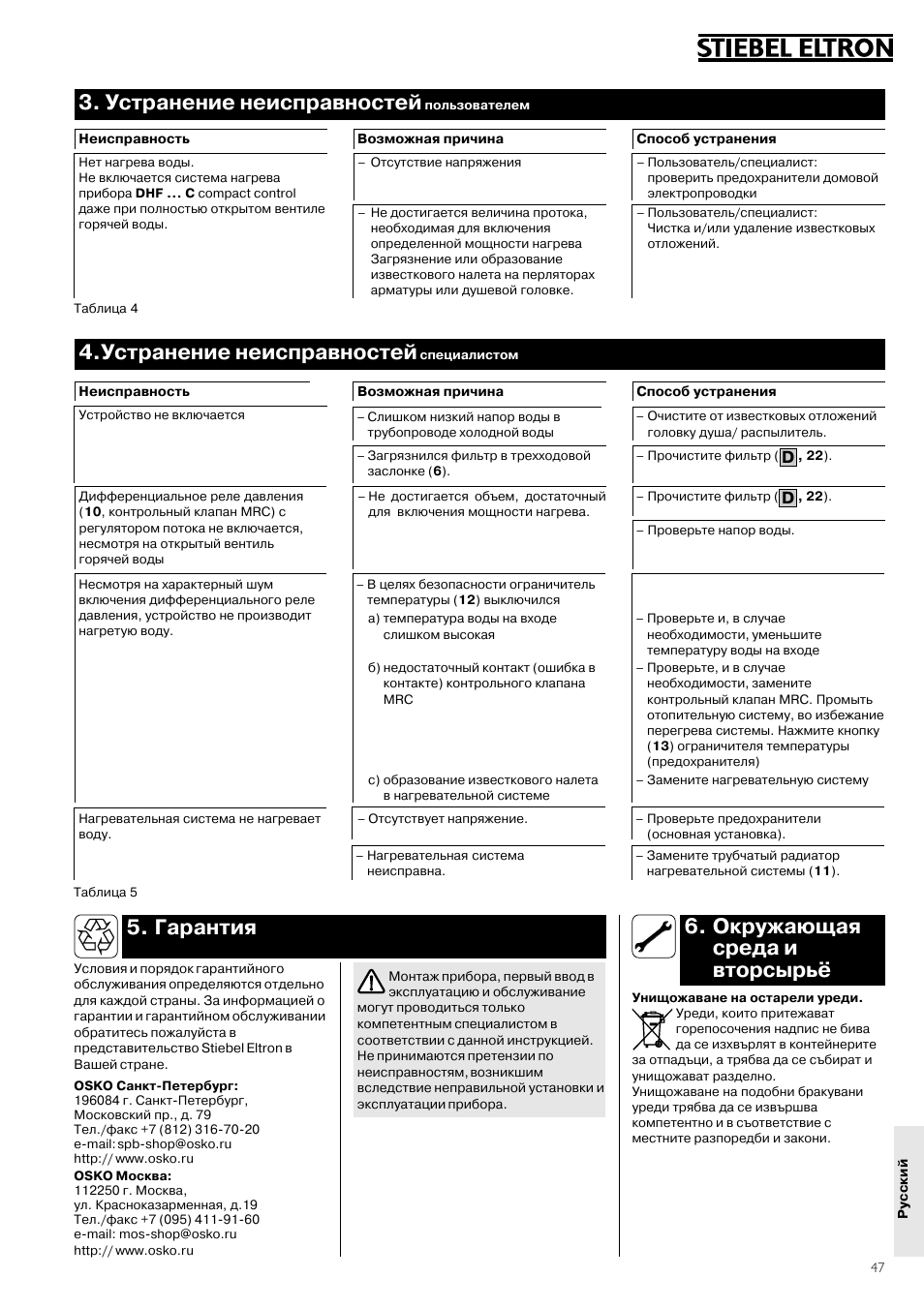 Устранение неисправностей, Окружающая среда и вторсырь, Гарантия | STIEBEL ELTRON DHF 12 - 24 C 01.10.2006 - 31.03.2007 User Manual | Page 47 / 52