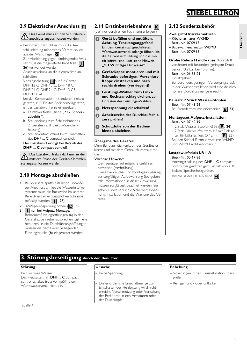 Störungsbeseitigung, 9 elektrischer anschluss, 10 montage abschließen | 11 erstinbetriebnahme, 12 sonderzubehör | STIEBEL ELTRON DHF 12 - 24 C 01.10.2006 - 31.03.2007 User Manual | Page 9 / 52