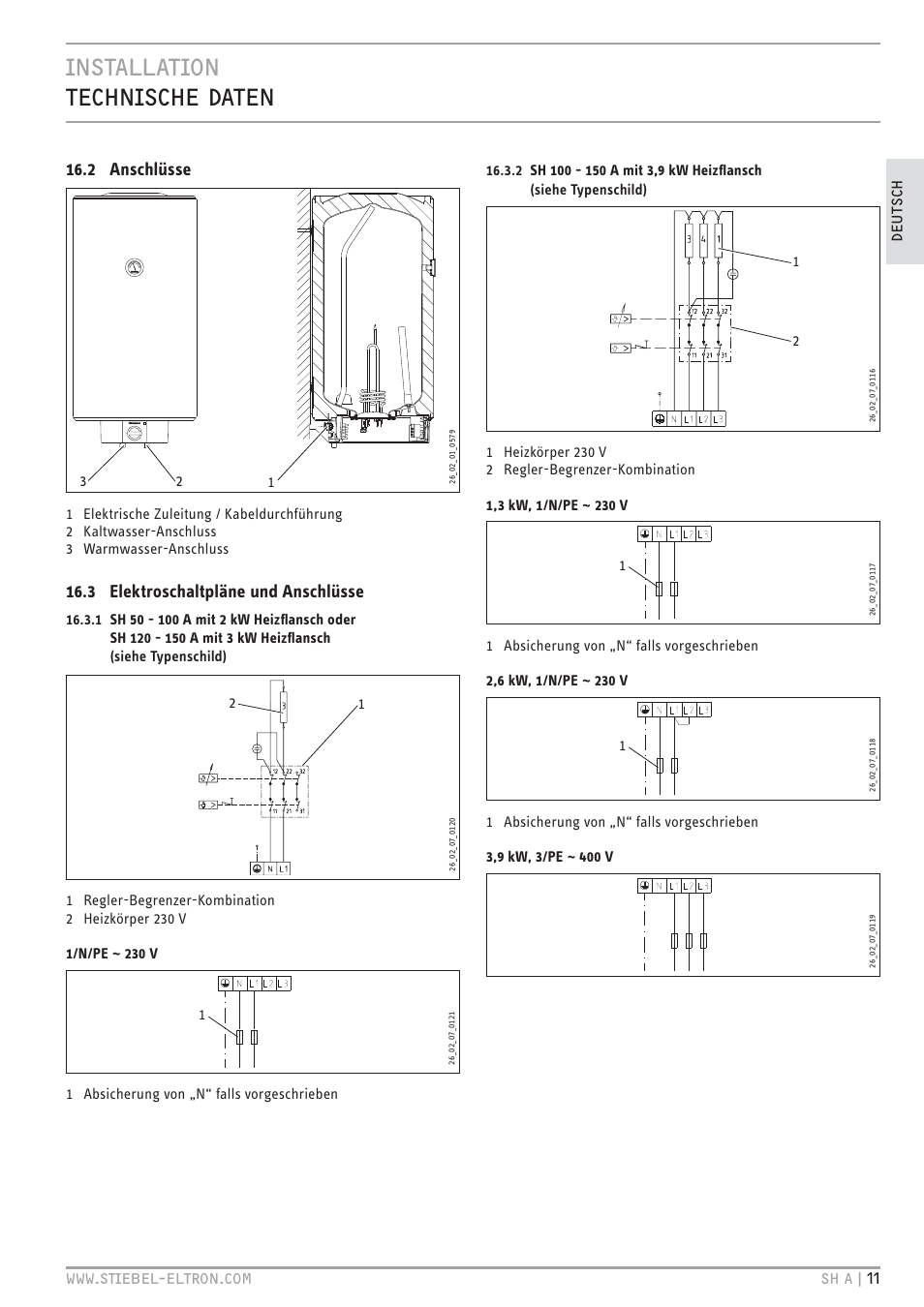 Cz`<<`.hc `+c.z+ `c, 2 anschlüsse, 3 elektroschaltpläne und anschlüsse | E `z + qqqīz`. <é<`vhcīhb z+  ĝĝ | STIEBEL ELTRON SH A с 01.03.2009 User Manual | Page 11 / 72