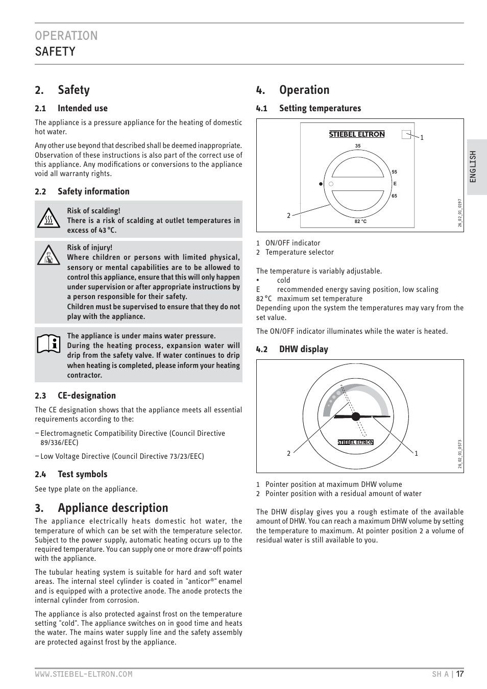 Htv`.hc z%`t, Safety, Appliance description | Operation | STIEBEL ELTRON SH A с 01.03.2009 User Manual | Page 17 / 72