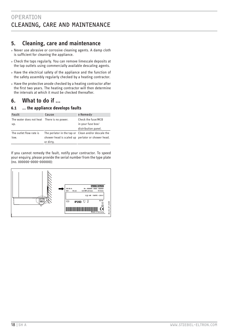 Htv`.hc <c.c&© v c b.c`cc, Cleaning, care and maintenance, What to do if | 1 ... the appliance develops faults, Ĝä z+  qqqīz`. <é<`vhcīhb | STIEBEL ELTRON SH A с 01.03.2009 User Manual | Page 18 / 72