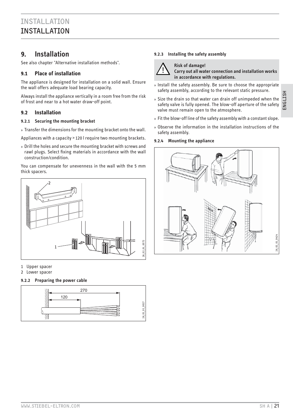 Cz`<<`.hc, Cz`<<`.hc 9. installation, 1 place of installation | 2 installation | STIEBEL ELTRON SH A с 01.03.2009 User Manual | Page 21 / 72