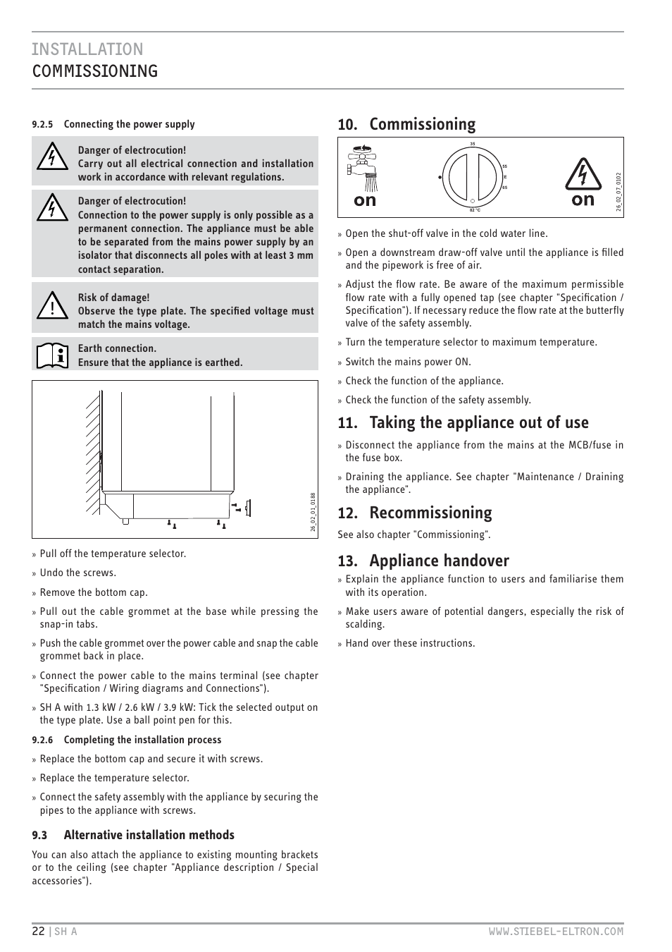 Cz`<<`.hc hbb.zz.hc.c, Commissioning, Taking the appliance out of use | Recommissioning, Appliance handover, 3 alternative installation methods | STIEBEL ELTRON SH A с 01.03.2009 User Manual | Page 22 / 72
