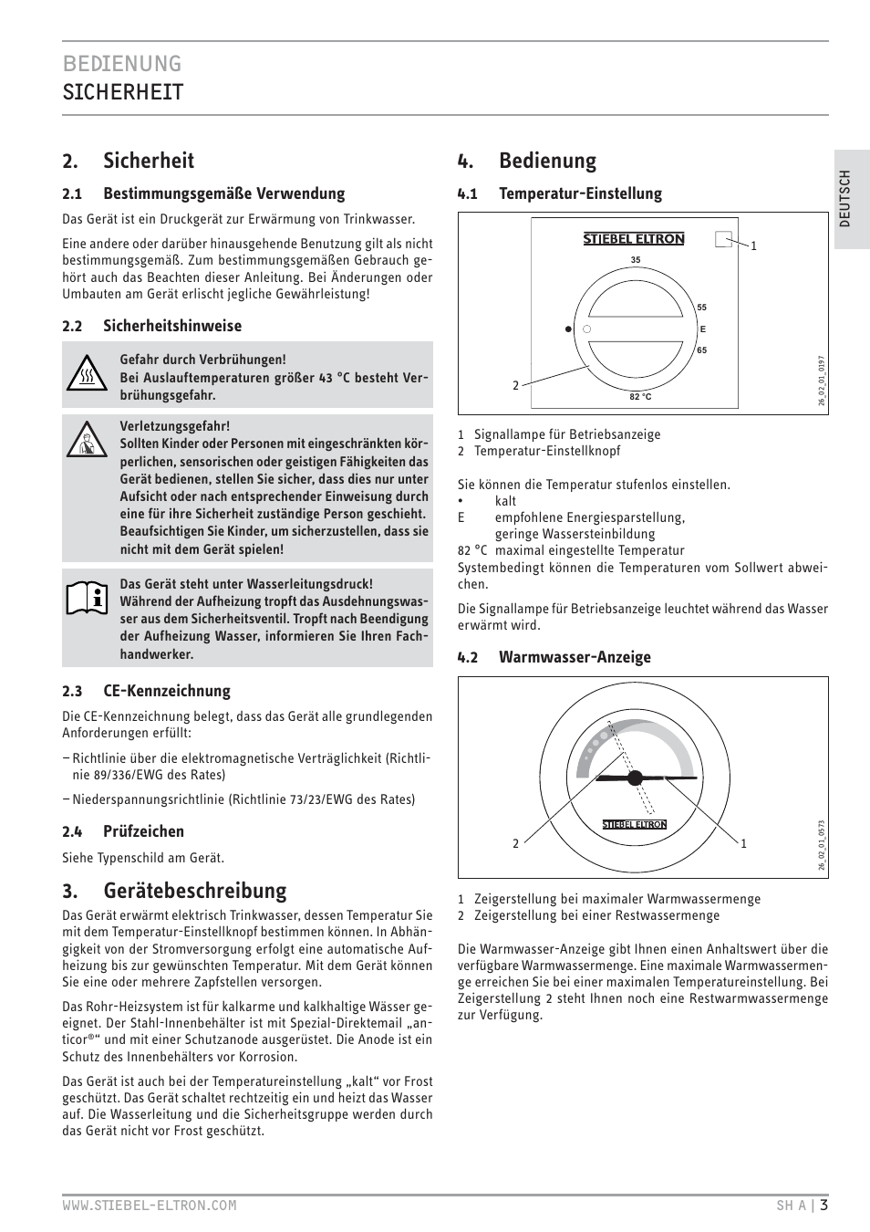Cec& z.+v, Sicherheit, Gerätebeschreibung | Bedienung | STIEBEL ELTRON SH A с 01.03.2009 User Manual | Page 3 / 72