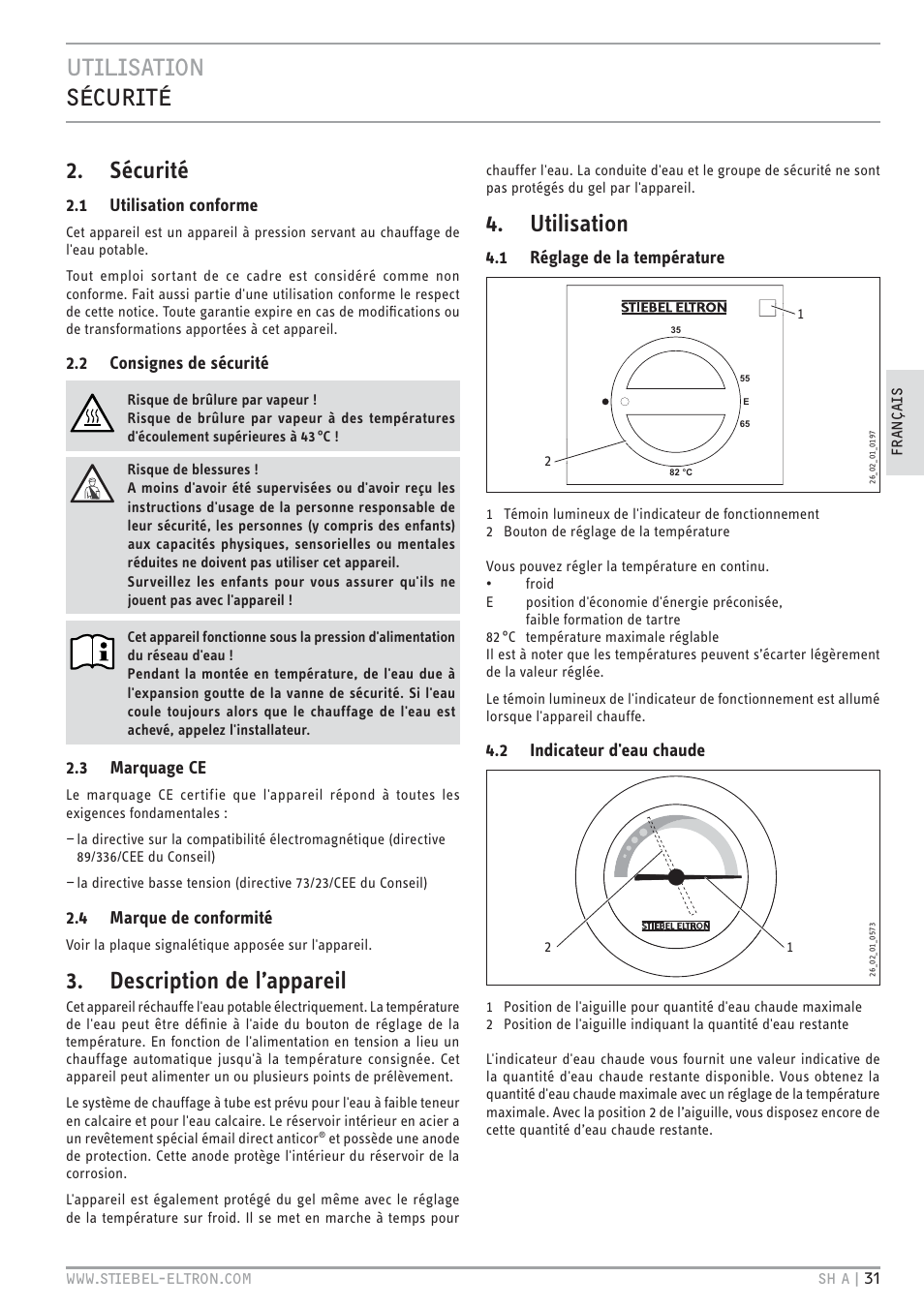 E`.<.z`.hc zev, Sécurité, Description de l’appareil | Utilisation | STIEBEL ELTRON SH A с 01.03.2009 User Manual | Page 31 / 72