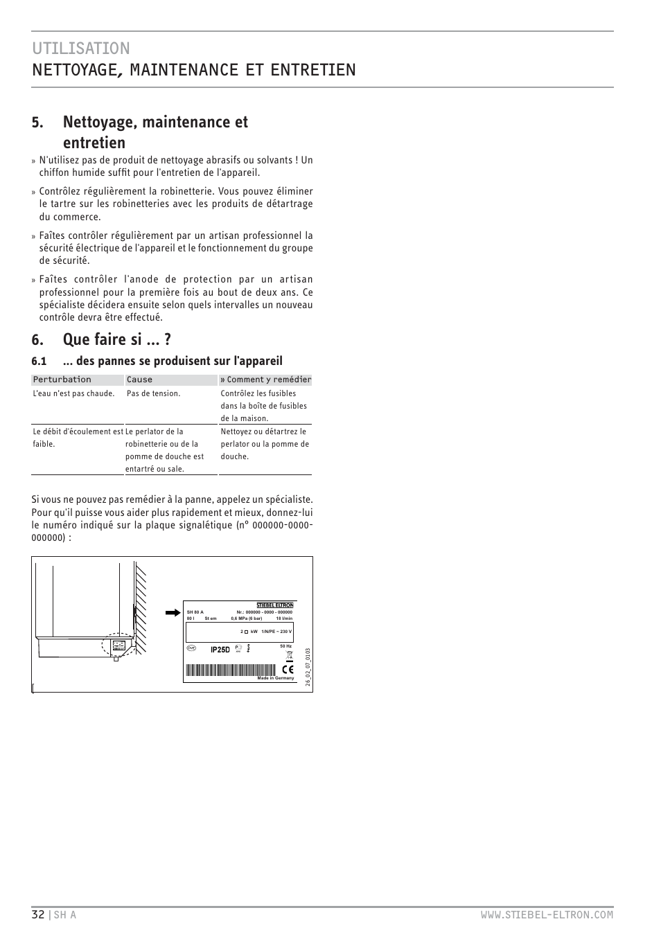 E`.<.z`.hc c``ht&© b.c`cc ` c`v`.c, Nettoyage, maintenance et entretien, Que faire si | 1 ... des pannes se produisent sur l'appareil | STIEBEL ELTRON SH A с 01.03.2009 User Manual | Page 32 / 72