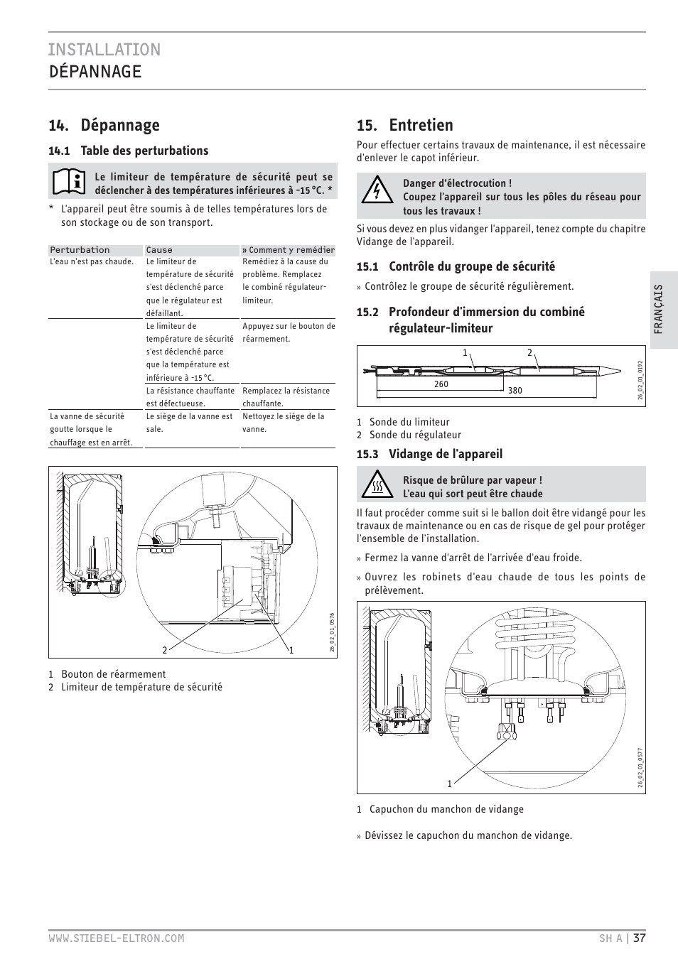 Cz`<<`.hc tcc& 14. dépannage, Entretien, 1 table des perturbations | 1 contrôle du groupe de sécurité, 3 vidange de l'appareil | STIEBEL ELTRON SH A с 01.03.2009 User Manual | Page 37 / 72