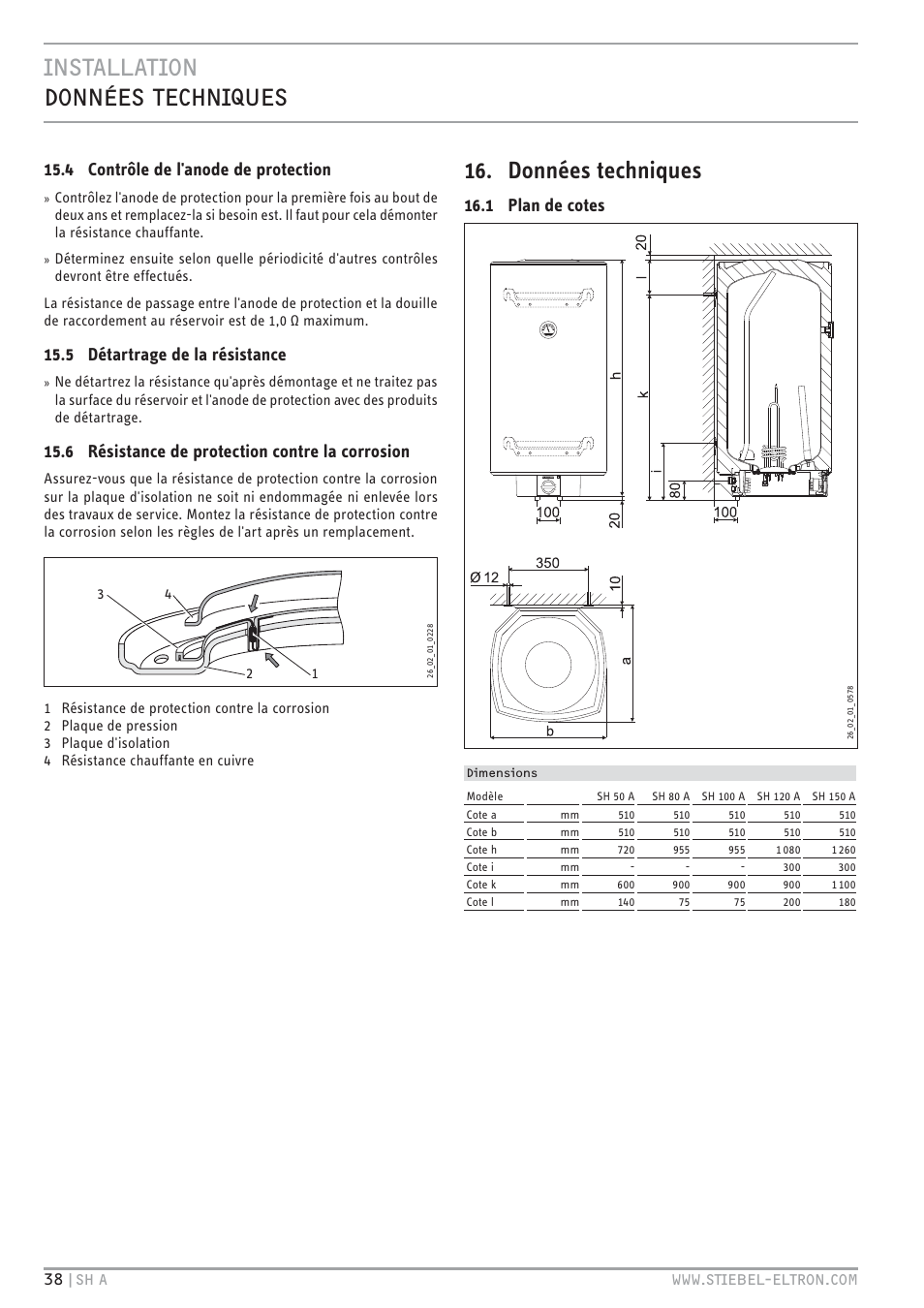 Cz`<<`.hc hccz `+c.uez, Données techniques, 4 contrôle de l'anode de protection | 5 détartrage de la résistance, 6 résistance de protection contre la corrosion, 1 plan de cotes | STIEBEL ELTRON SH A с 01.03.2009 User Manual | Page 38 / 72