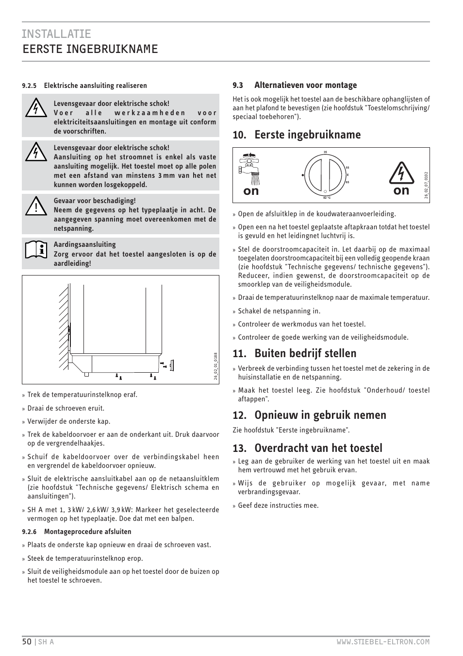 Cz`<<`. vz` .c& ve.:cb, Eerste ingebruikname, Buiten bedrijf stellen | Opnieuw in gebruik nemen, Overdracht van het toestel, 3 alternatieven voor montage | STIEBEL ELTRON SH A с 01.03.2009 User Manual | Page 50 / 72