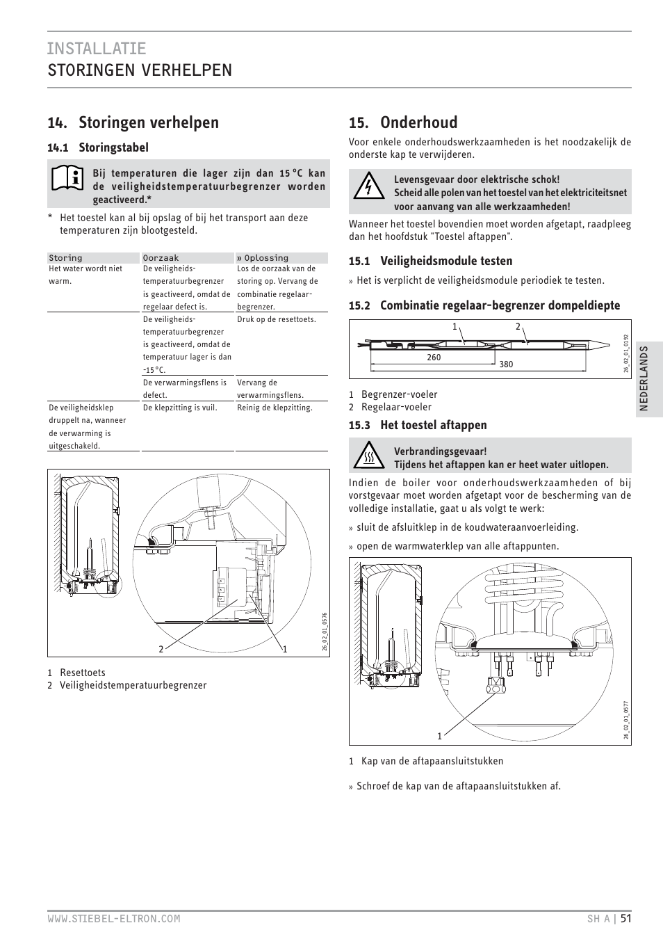 Onderhoud, 1 storingstabel, 1 veiligheidsmodule testen | 2 combinatie regelaar-begrenzer dompeldiepte, 3 het toestel aftappen | STIEBEL ELTRON SH A с 01.03.2009 User Manual | Page 51 / 72