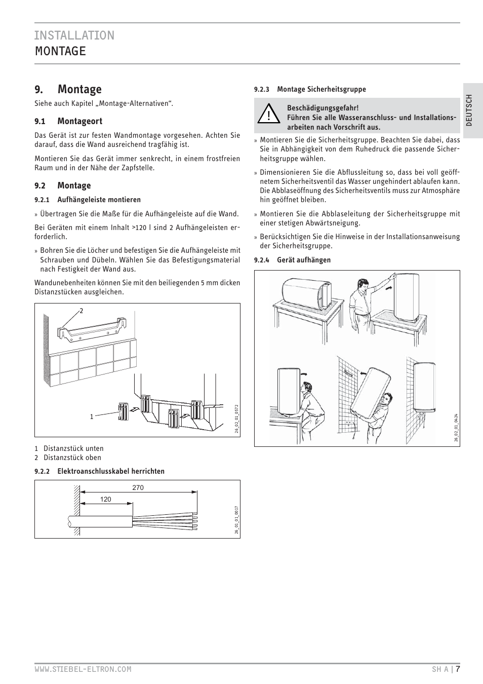 Cz`<<`.hc bhc`& 9. montage, 1 montageort, 2 montage | STIEBEL ELTRON SH A с 01.03.2009 User Manual | Page 7 / 72