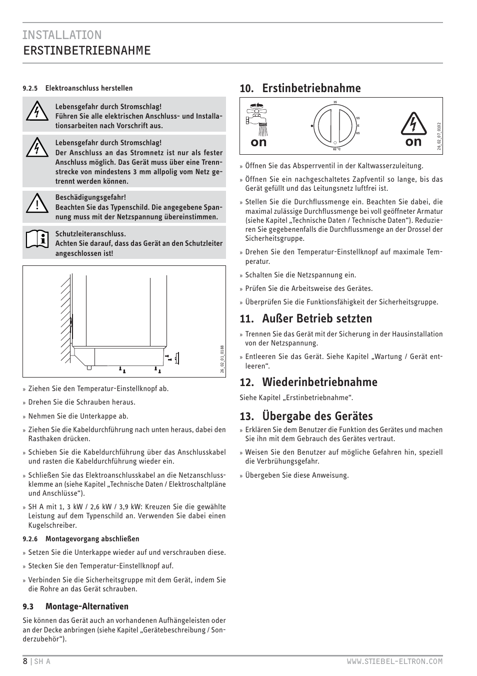 Cz`<<`.hc vz`.c `v. c+b, Erstinbetriebnahme, Außer betrieb setzten | Wiederinbetriebnahme, Übergabe des gerätes, 3 montage-alternativen | STIEBEL ELTRON SH A с 01.03.2009 User Manual | Page 8 / 72