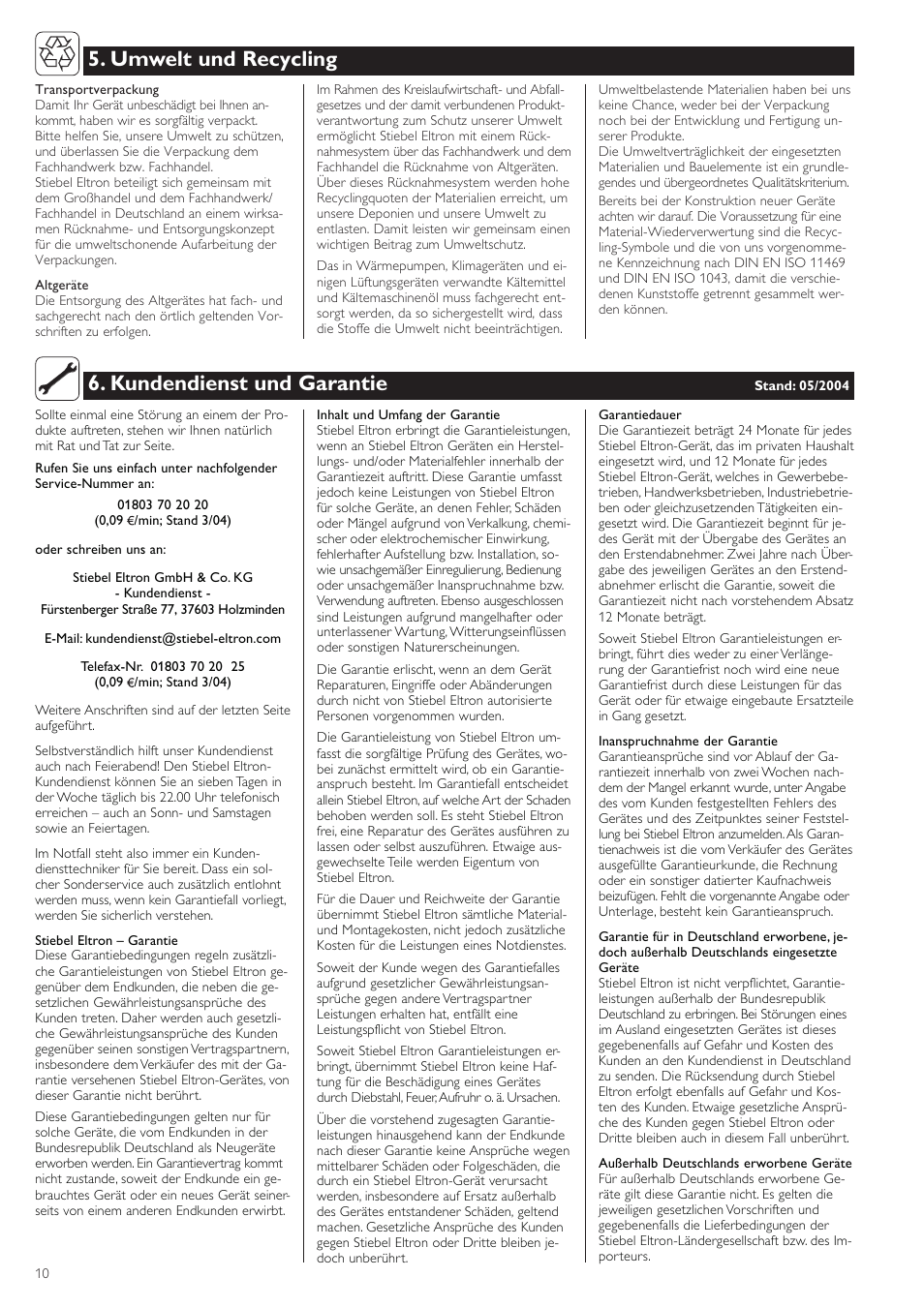 Kundendienst und garantie, Umwelt und recycling | STIEBEL ELTRON SHW ... S 24.01.2005 - 31.11.2007 User Manual | Page 10 / 32