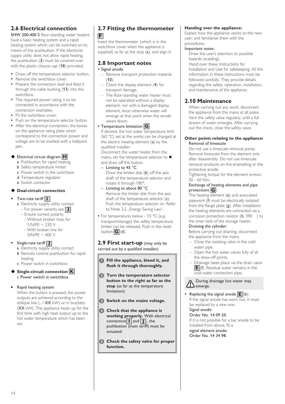 6 electrical connection, 10 maintenance, 7 fitting the thermometer f | 9 first start-up | STIEBEL ELTRON SHW ... S 24.01.2005 - 31.11.2007 User Manual | Page 14 / 32