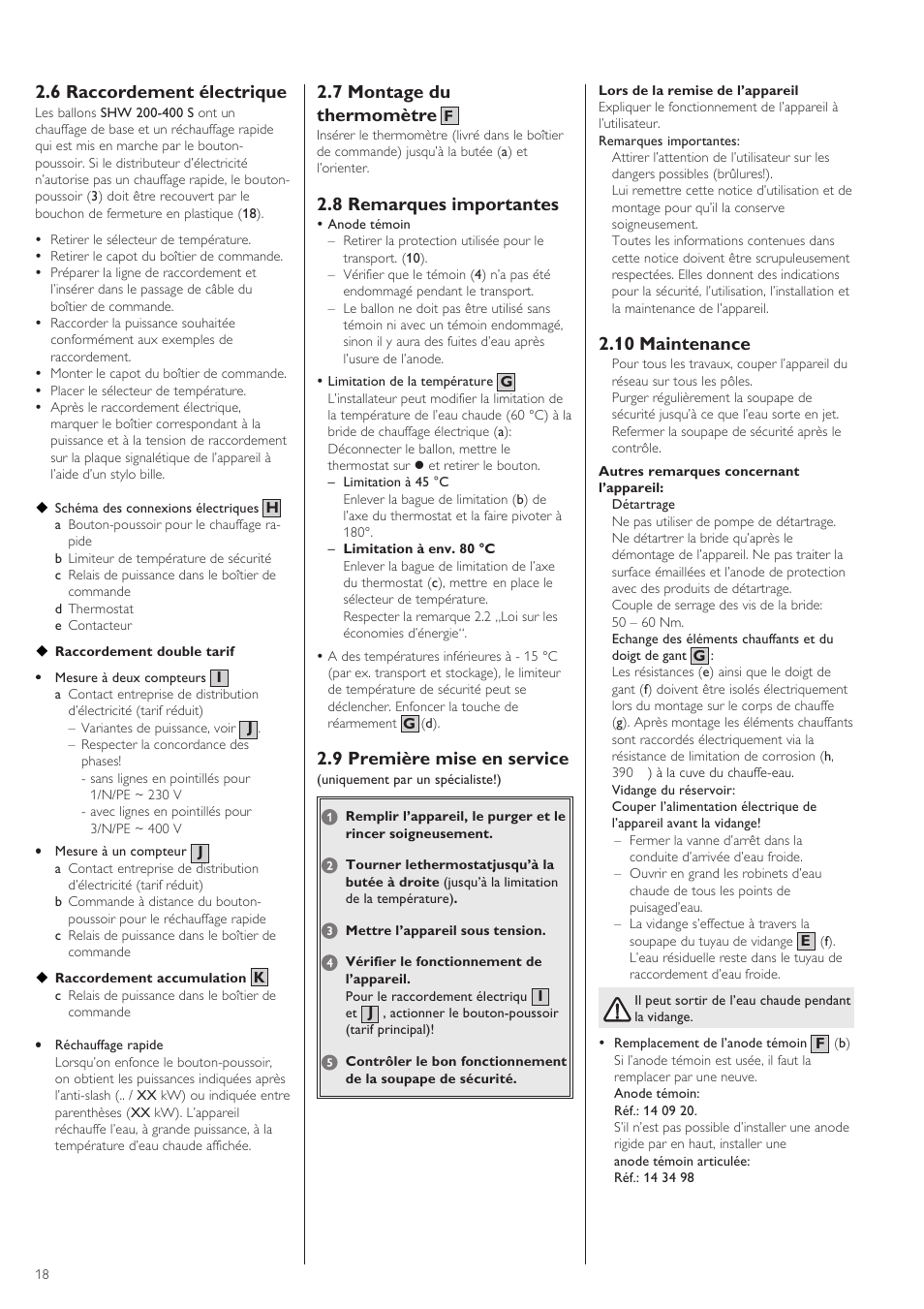 7 montage du thermomètre, 8 remarques importantes, 9 première mise en service | 6 raccordement électrique, 10 maintenance | STIEBEL ELTRON SHW ... S 24.01.2005 - 31.11.2007 User Manual | Page 18 / 32