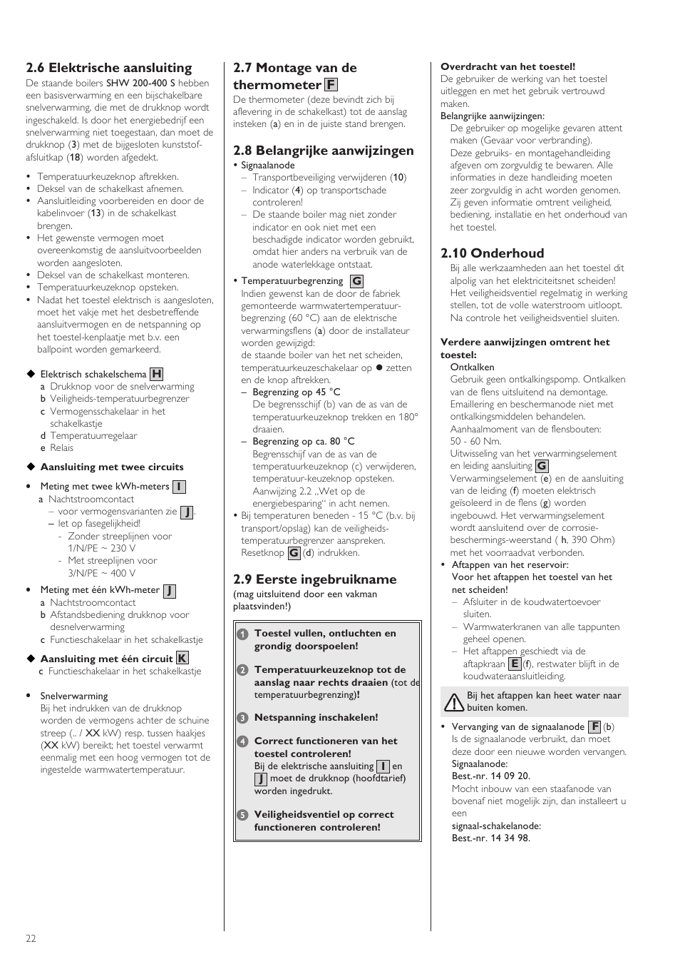 7 montage van de thermometer, 8 belangrijke aanwijzingen, 9 eerste ingebruikname | 6 elektrische aansluiting, 10 onderhoud | STIEBEL ELTRON SHW ... S 24.01.2005 - 31.11.2007 User Manual | Page 22 / 32