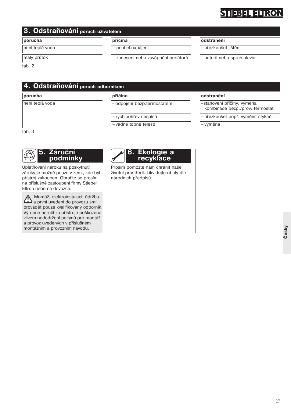 ,odstraňování, Ekologie,a recyklace, Záruční podmínky | STIEBEL ELTRON SHW ... S 24.01.2005 - 31.11.2007 User Manual | Page 27 / 32