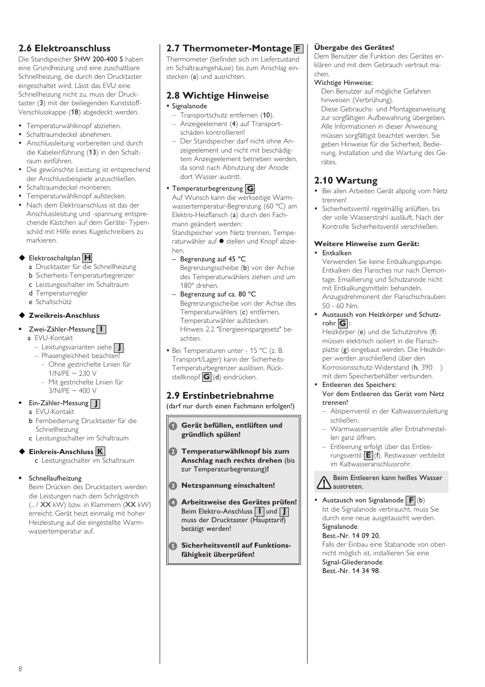 7 thermometer-montage, 8 wichtige hinweise, 9 erstinbetriebnahme | 6 elektroanschluss, 10 wartung | STIEBEL ELTRON SHW ... S 24.01.2005 - 31.11.2007 User Manual | Page 8 / 32