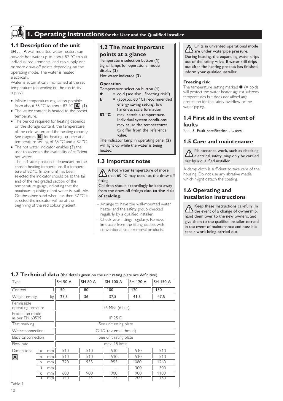 Operating instructions, 1 description of the unit, 2 the most important points at a glance | 4 first aid in the event of faults, 5 care and maintenance, 6 operating and installation instructions, 7 technical data | STIEBEL ELTRON SH A 02.07.2002 - 28.02.2009 User Manual | Page 10 / 24