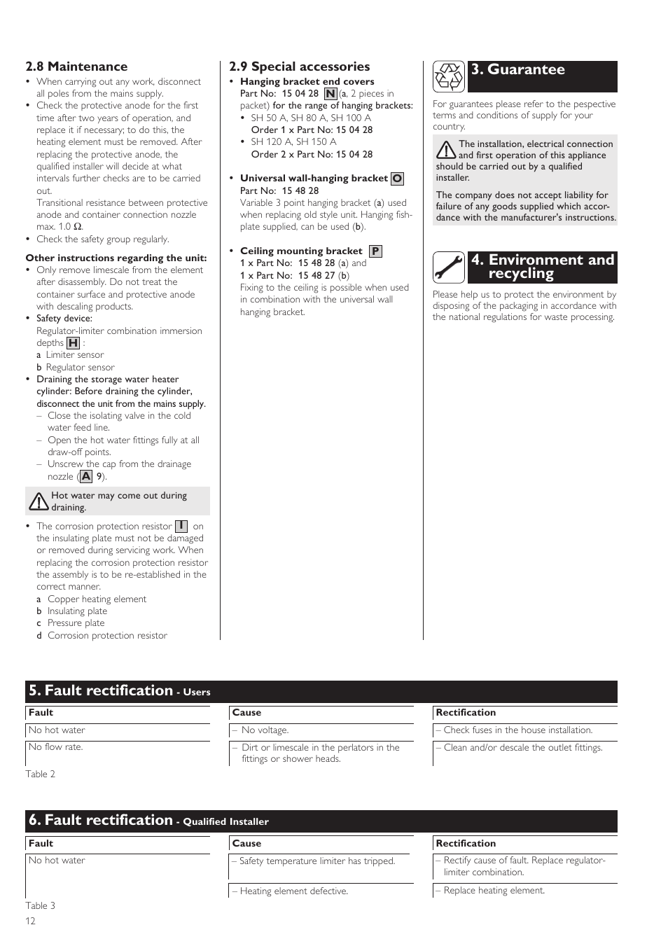 Fault rectification, Environment and recycling 3. guarantee, 8 maintenance | 9 special accessories | STIEBEL ELTRON SH A 02.07.2002 - 28.02.2009 User Manual | Page 12 / 24