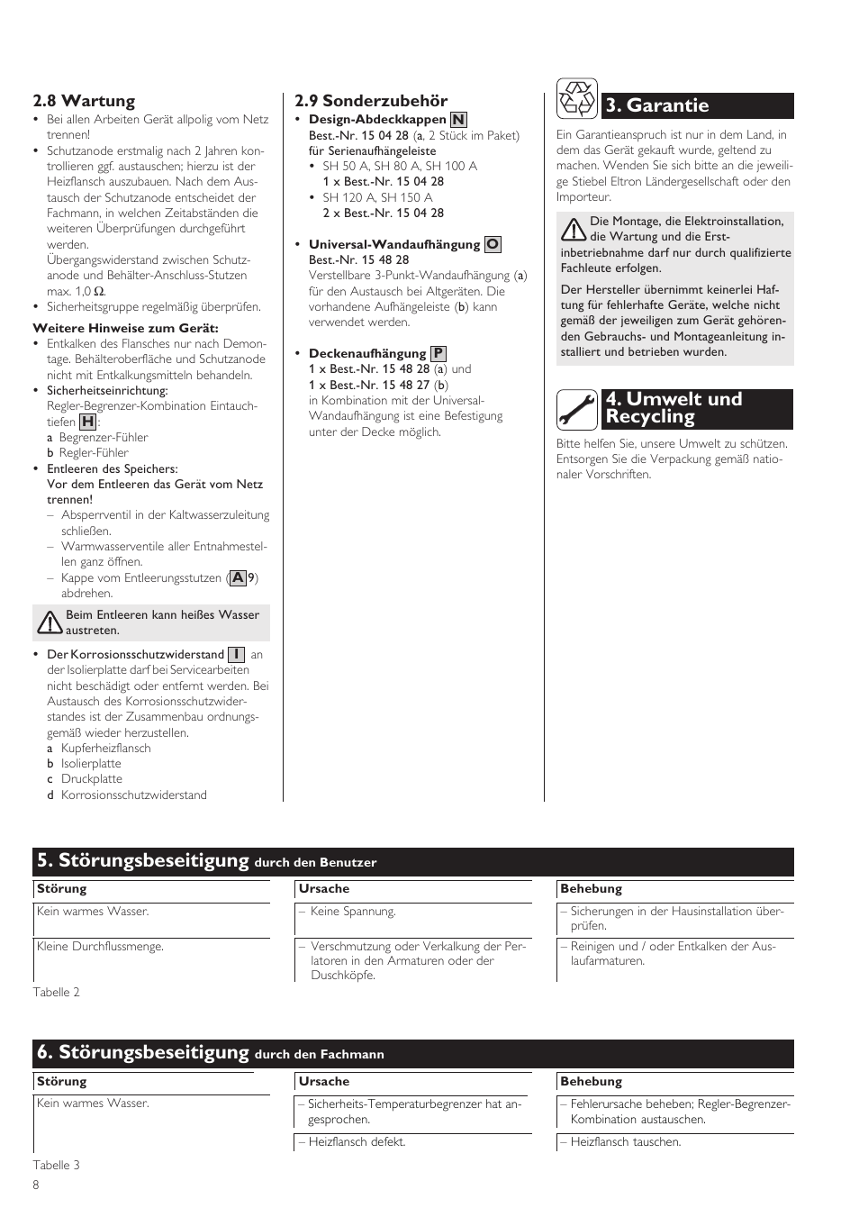 Störungsbeseitigung, Garantie, Umwelt und recycling | 8 wartung, 9 sonderzubehör | STIEBEL ELTRON SH A 02.07.2002 - 28.02.2009 User Manual | Page 8 / 24