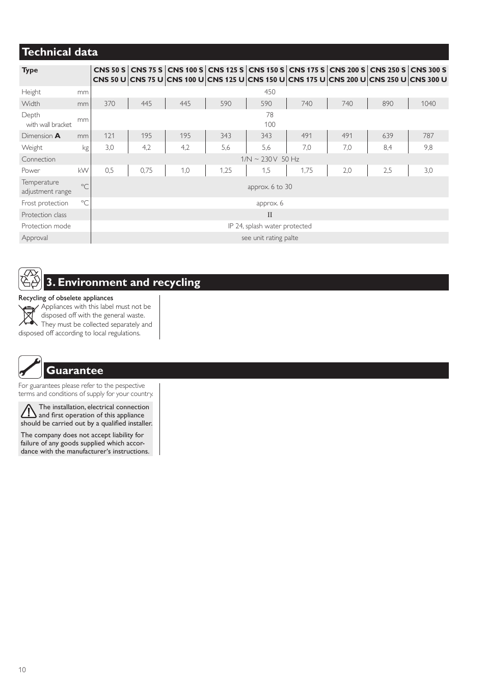 Technical data, Environment and recycling, Guarantee | STIEBEL ELTRON CNS с 11.09.2006 User Manual | Page 10 / 34