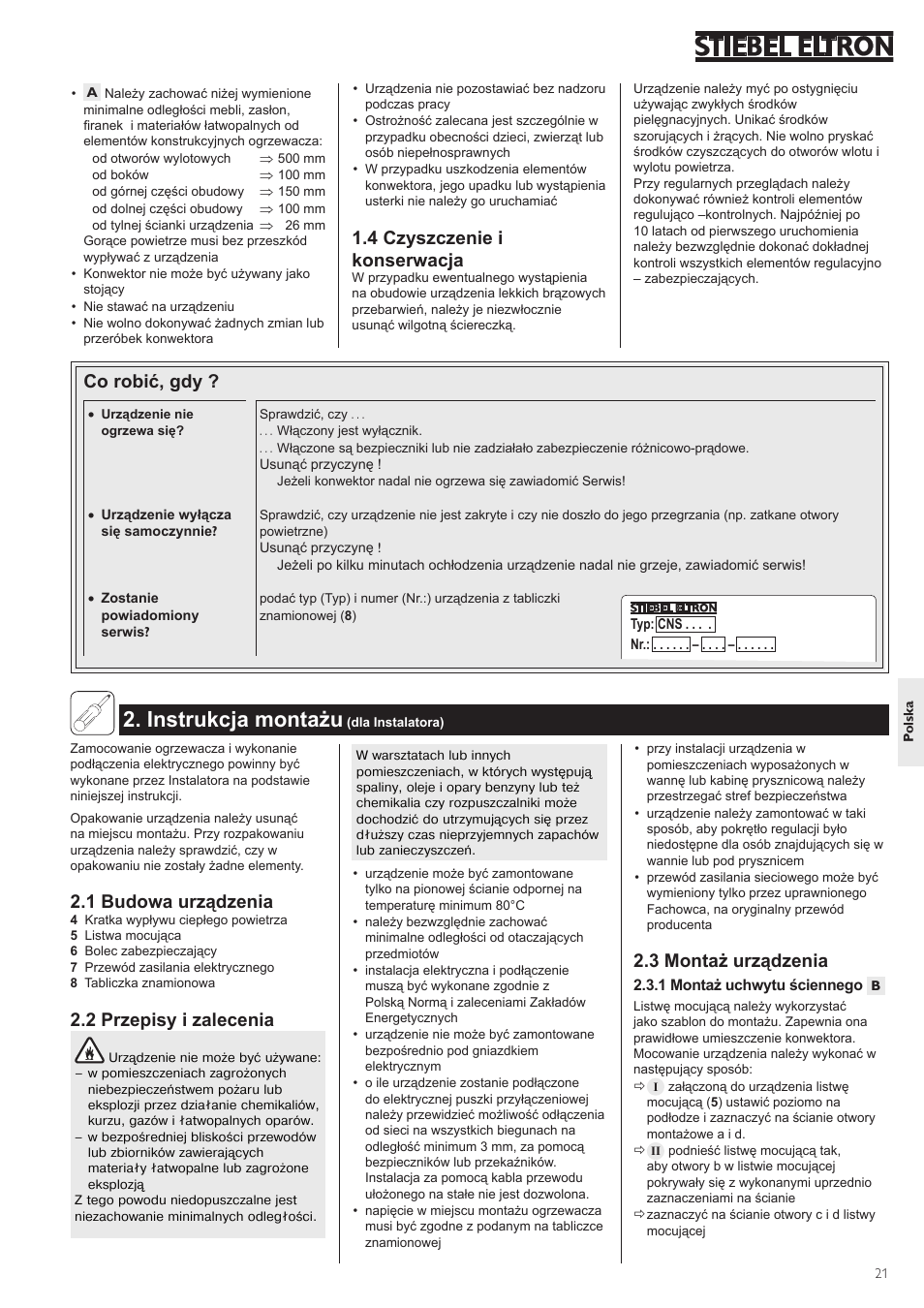 Instrukcja montażu, 1 budowa urządzenia, 2 przepisy i zalecenia | 3 montaż urządzenia, 4 czyszczenie i konserwacja, Co robić, gdy | STIEBEL ELTRON CNS с 11.09.2006 User Manual | Page 21 / 34