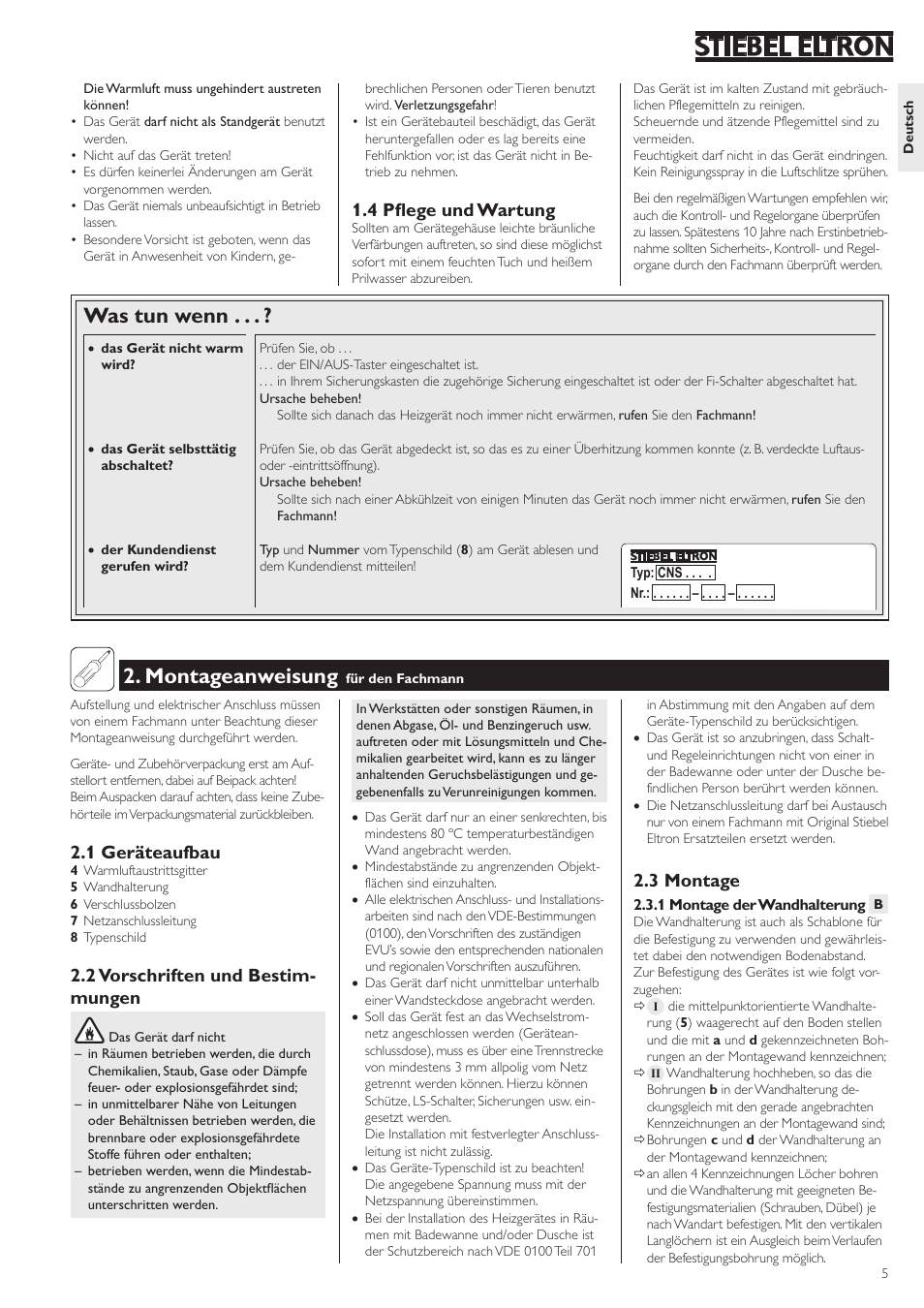 Montageanweisung, Was tun wenn, 1 geräteaufbau | 2 vorschriften und bestim- mungen, 3 montage, 4 pflege und wartung | STIEBEL ELTRON CNS с 11.09.2006 User Manual | Page 5 / 34