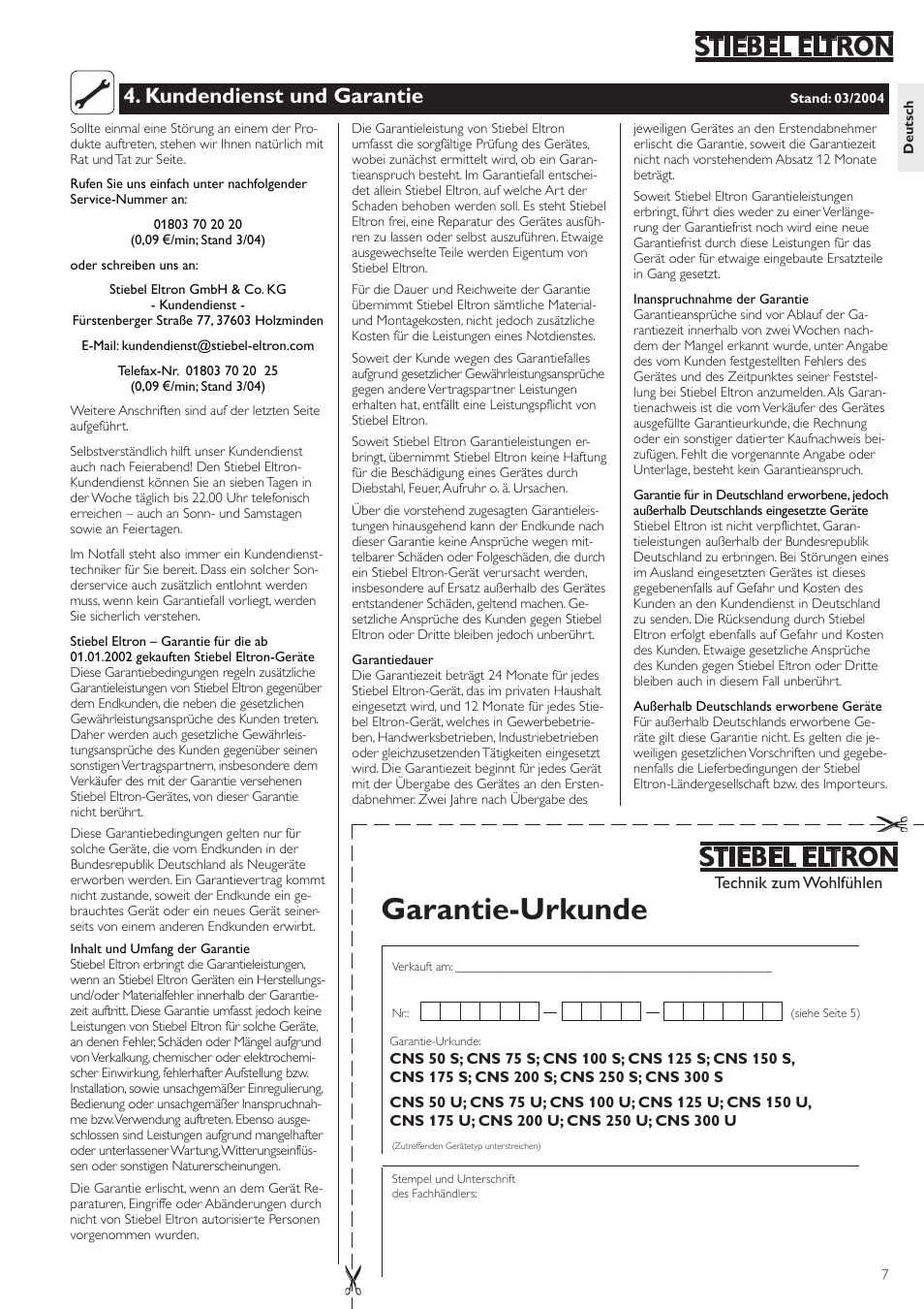 Garantie-urkunde, Kundendienst und garantie | STIEBEL ELTRON CNS с 11.09.2006 User Manual | Page 7 / 34