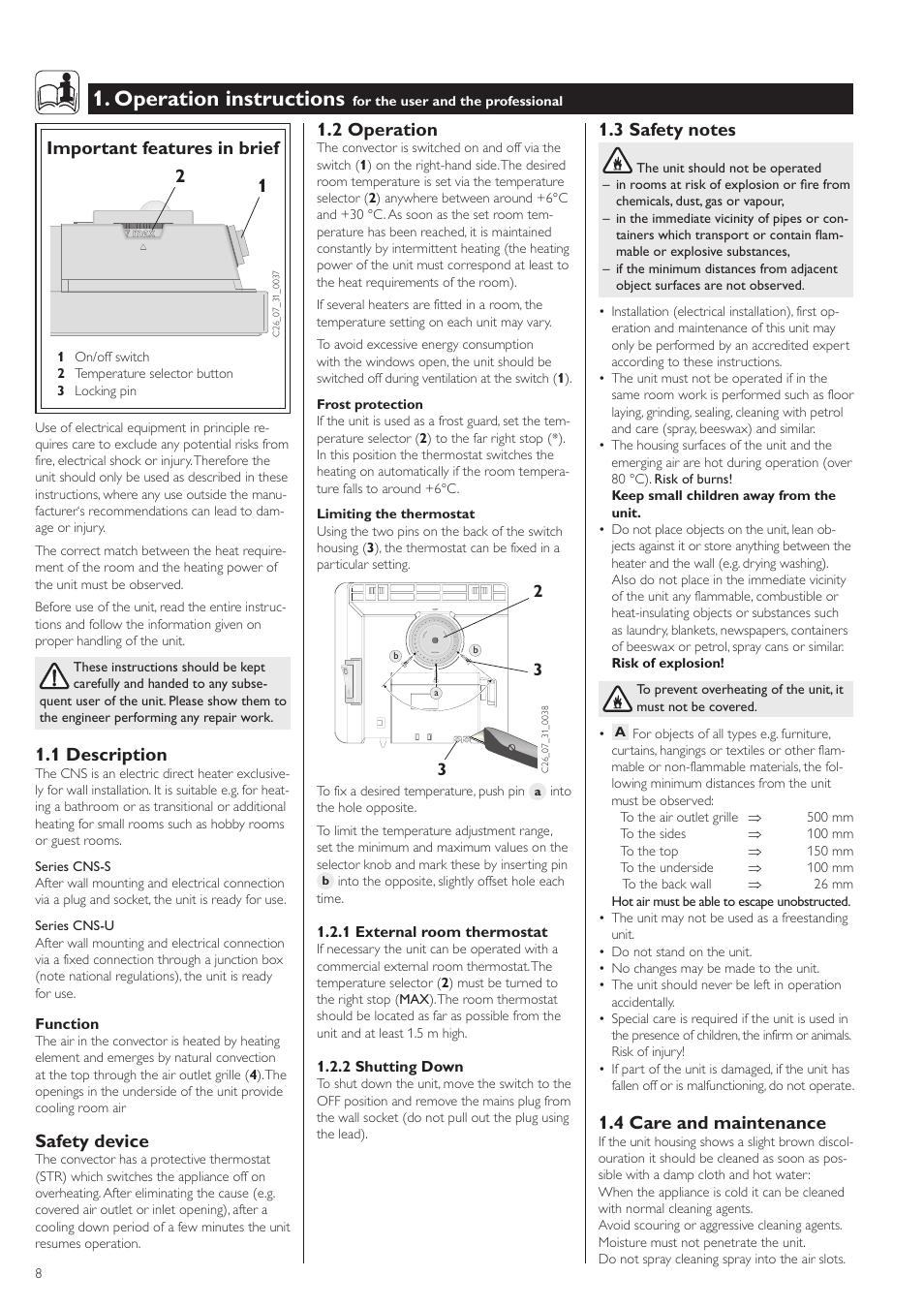 Operation instructions, 1 description, Safety device | 2 operation, 4 care and maintenance, Important features in brief | STIEBEL ELTRON CNS с 11.09.2006 User Manual | Page 8 / 34