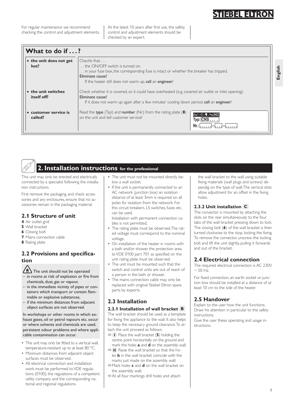 Installation instructions, What to do if, 1 structure of unit | 2 provisions and specifica- tion, 3 installation, 4 electrical connection, 5 handover | STIEBEL ELTRON CNS с 11.09.2006 User Manual | Page 9 / 34