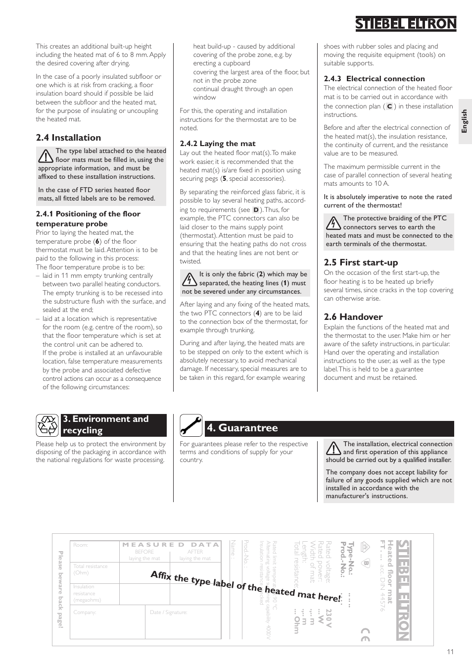 Guarantree, Environment and recycling, Affix the type label of the heated mat her e | 4 installation, 5 first start-up, 6 handover | STIEBEL ELTRON FTD с 06.01.2003 User Manual | Page 11 / 18