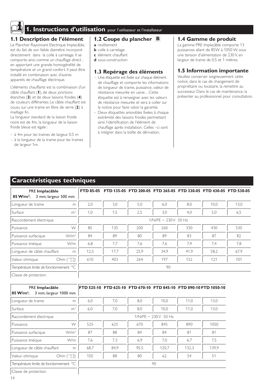 Instructions d’utilisation, Caractéristiques techniques, 1 description de l’élément | 2 coupe du plancher, 3 repérage des éléments, 4 gamme de produit, 5 information importante | STIEBEL ELTRON FTD с 06.01.2003 User Manual | Page 14 / 18