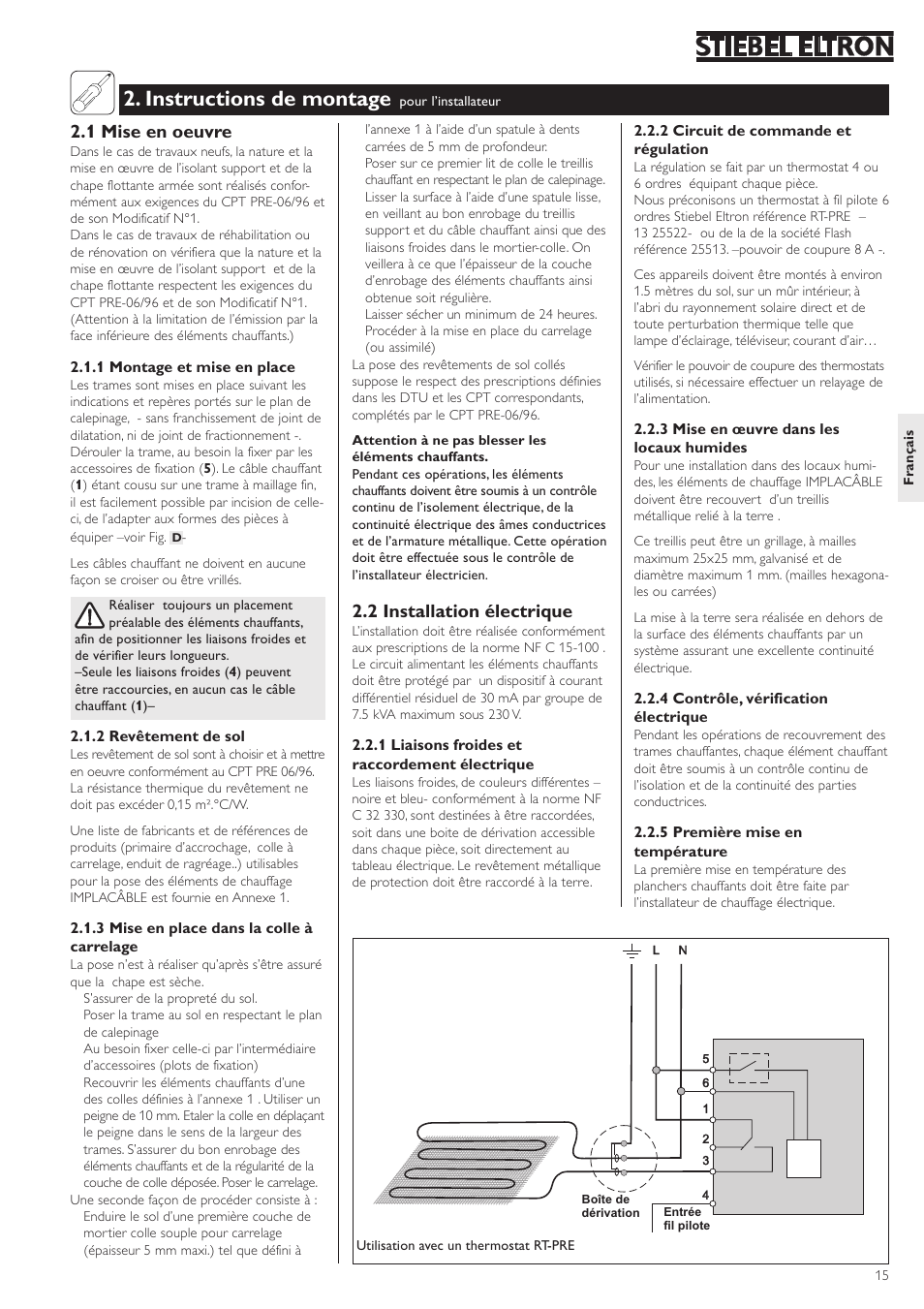 Instructions de montage, 1 mise en oeuvre, 2 installation électrique | STIEBEL ELTRON FTD с 06.01.2003 User Manual | Page 15 / 18