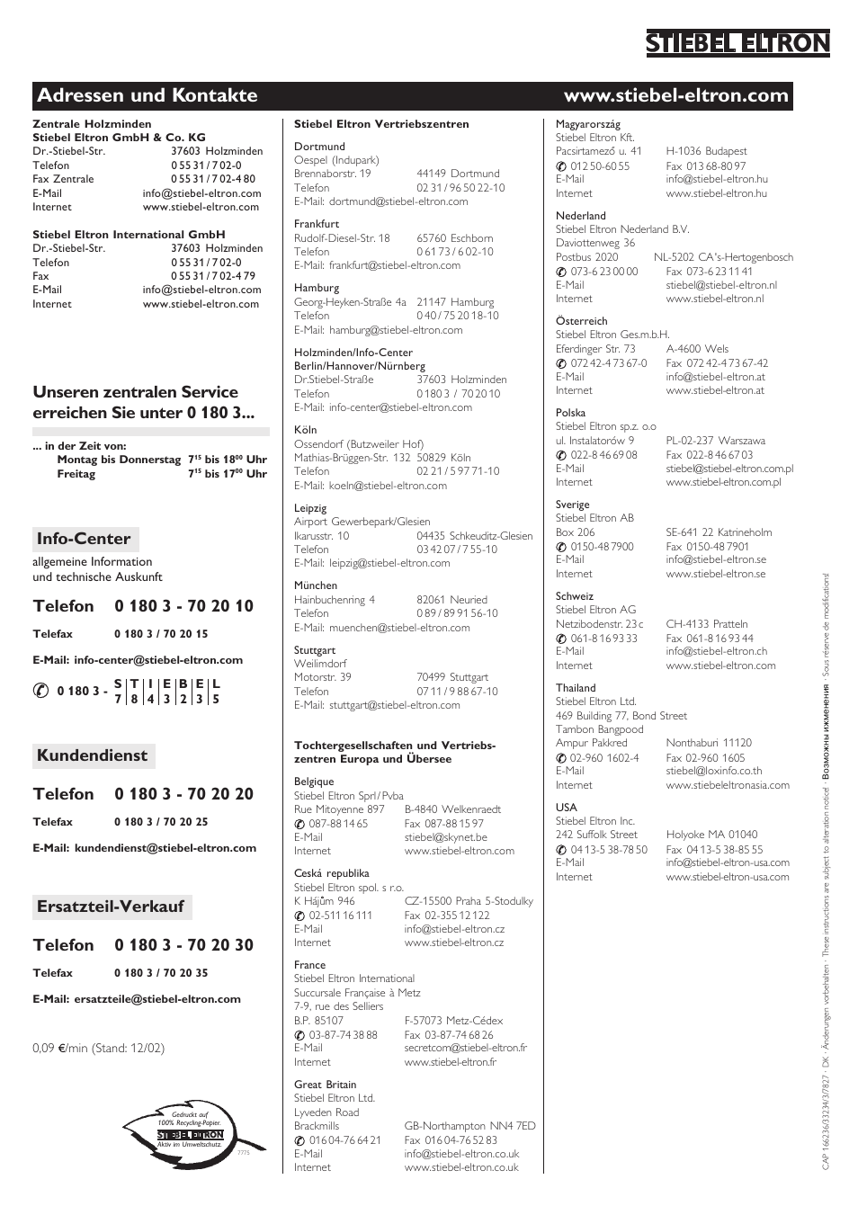 Info-center | STIEBEL ELTRON FTD с 06.01.2003 User Manual | Page 18 / 18