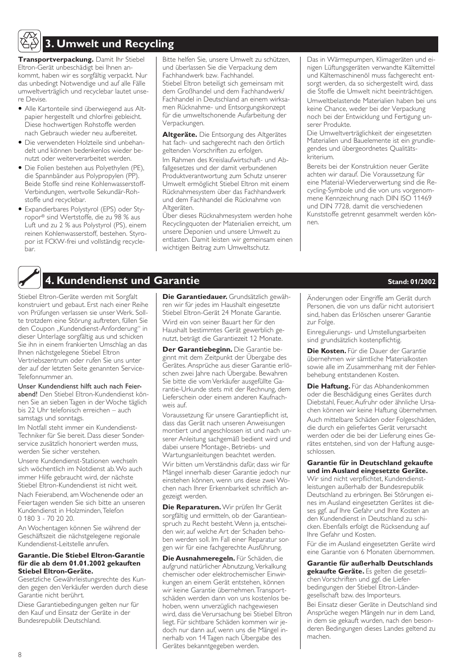 Umwelt und recycling 4. kundendienst und garantie | STIEBEL ELTRON FTD с 06.01.2003 User Manual | Page 8 / 18