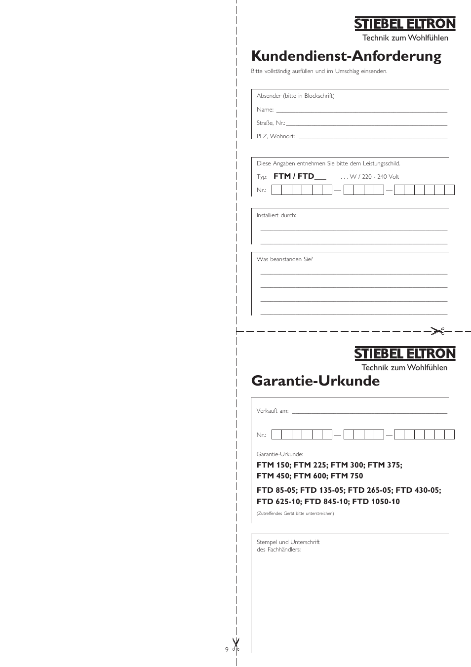 Garantie-urkunde, Kundendienst-anforderung | STIEBEL ELTRON FTD с 06.01.2003 User Manual | Page 9 / 18