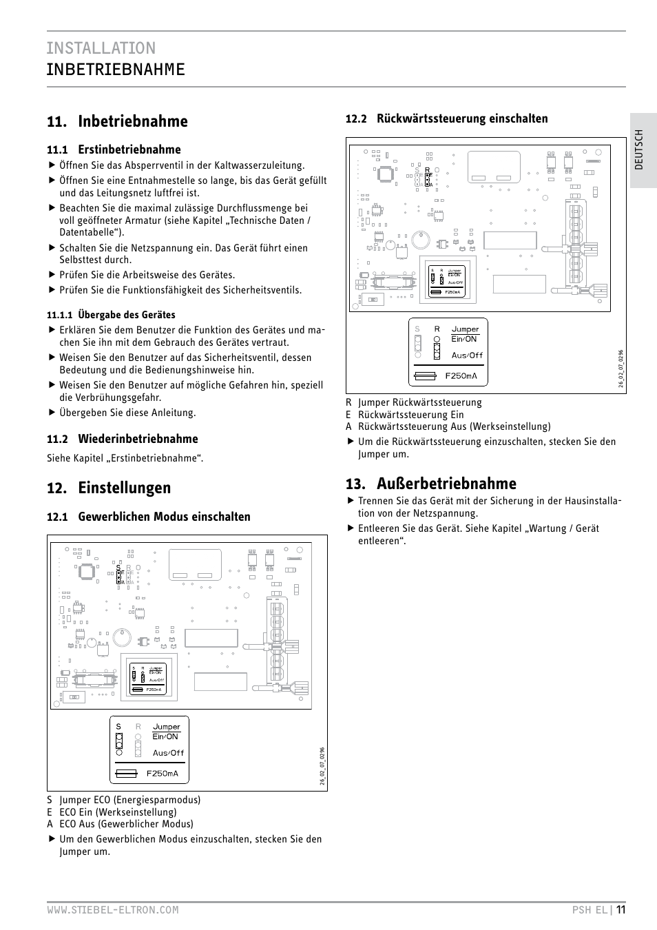 Installation inbetriebnahme 11. inbetriebnahme, Einstellungen, Außerbetriebnahme | STIEBEL ELTRON PSH EL с 05.12.2011 User Manual | Page 11 / 100