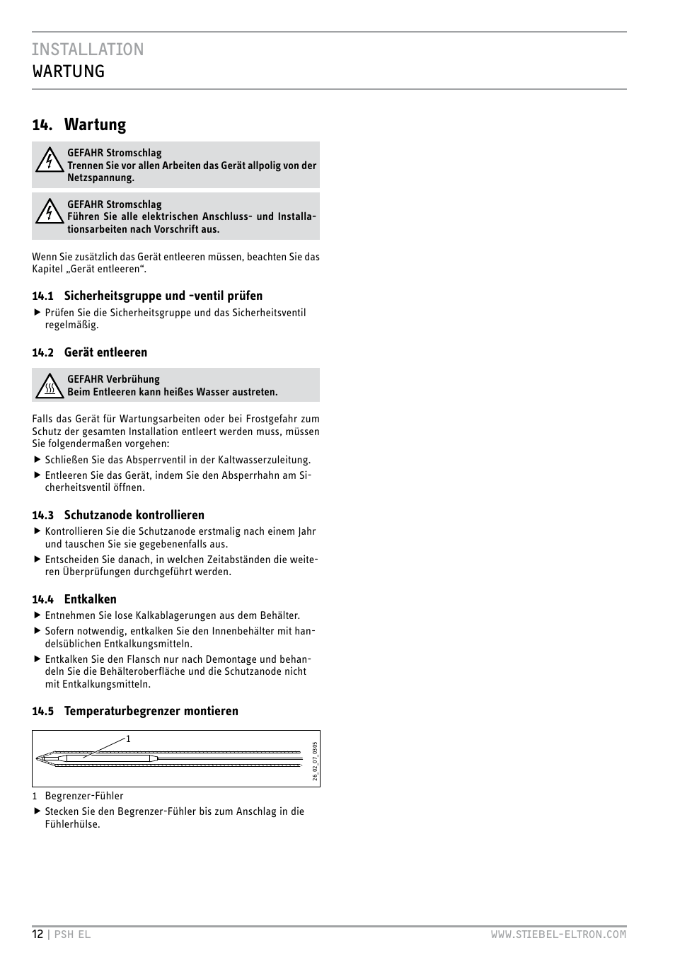 Installation wartung 14. wartung | STIEBEL ELTRON PSH EL с 05.12.2011 User Manual | Page 12 / 100