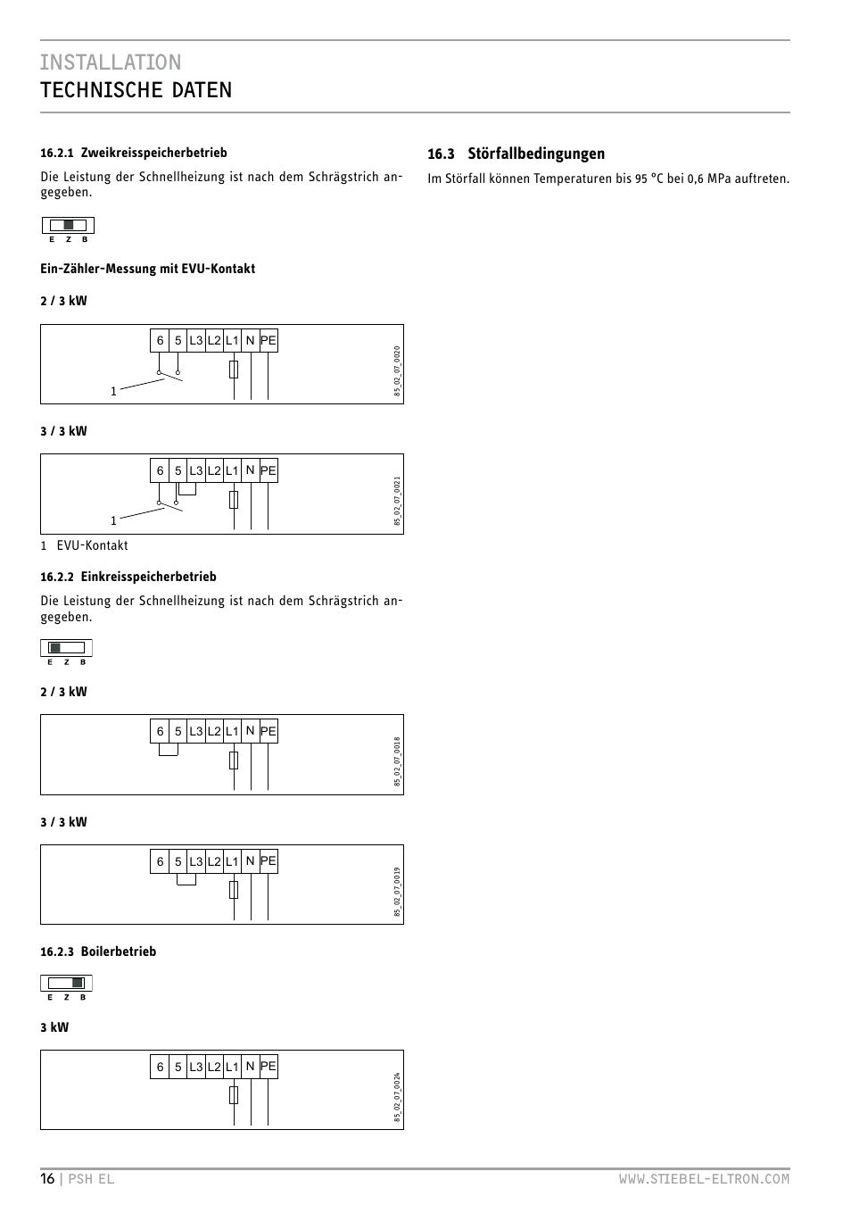 Installation technische daten, 3 störfallbedingungen, 13 / 3 kw | 3 / 3 kw, 3 boilerbetrieb 3 kw | STIEBEL ELTRON PSH EL с 05.12.2011 User Manual | Page 16 / 100