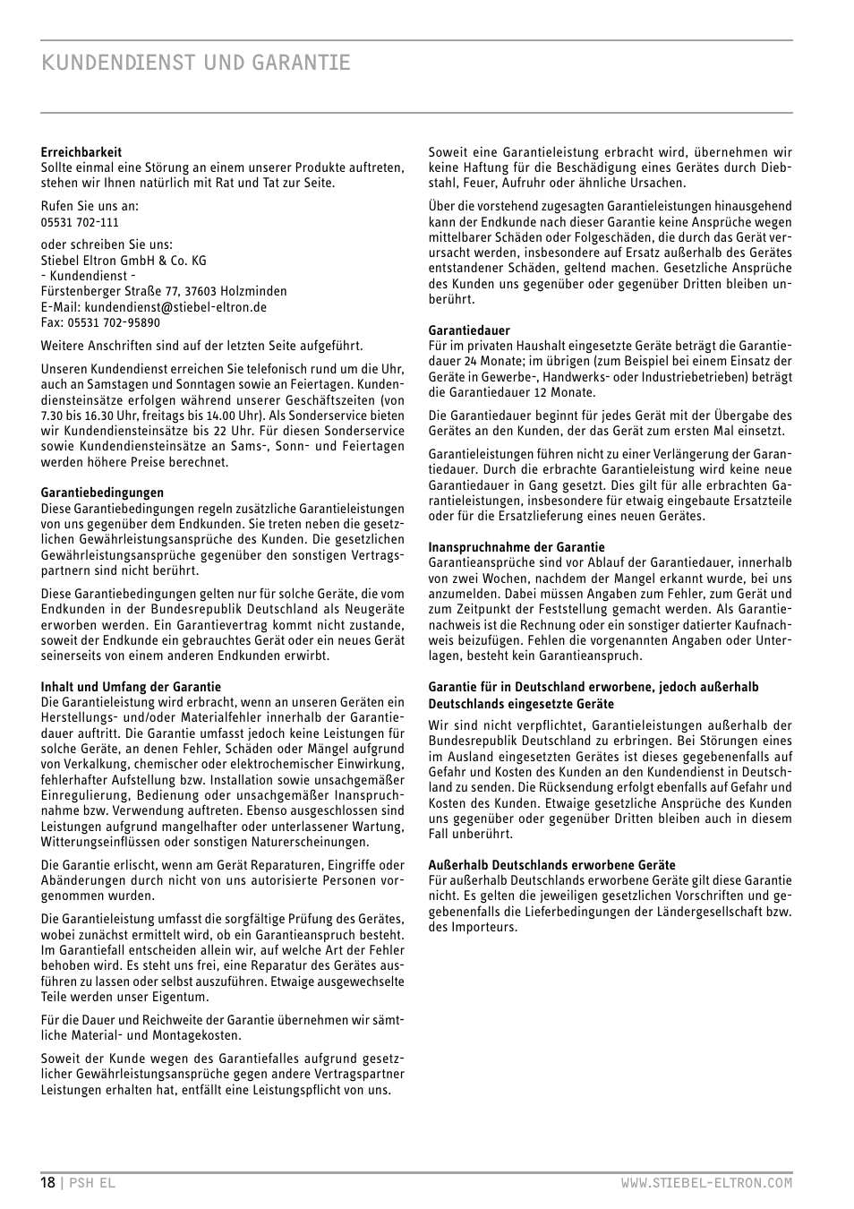 Kundendienst und garantie | STIEBEL ELTRON PSH EL с 05.12.2011 User Manual | Page 18 / 100